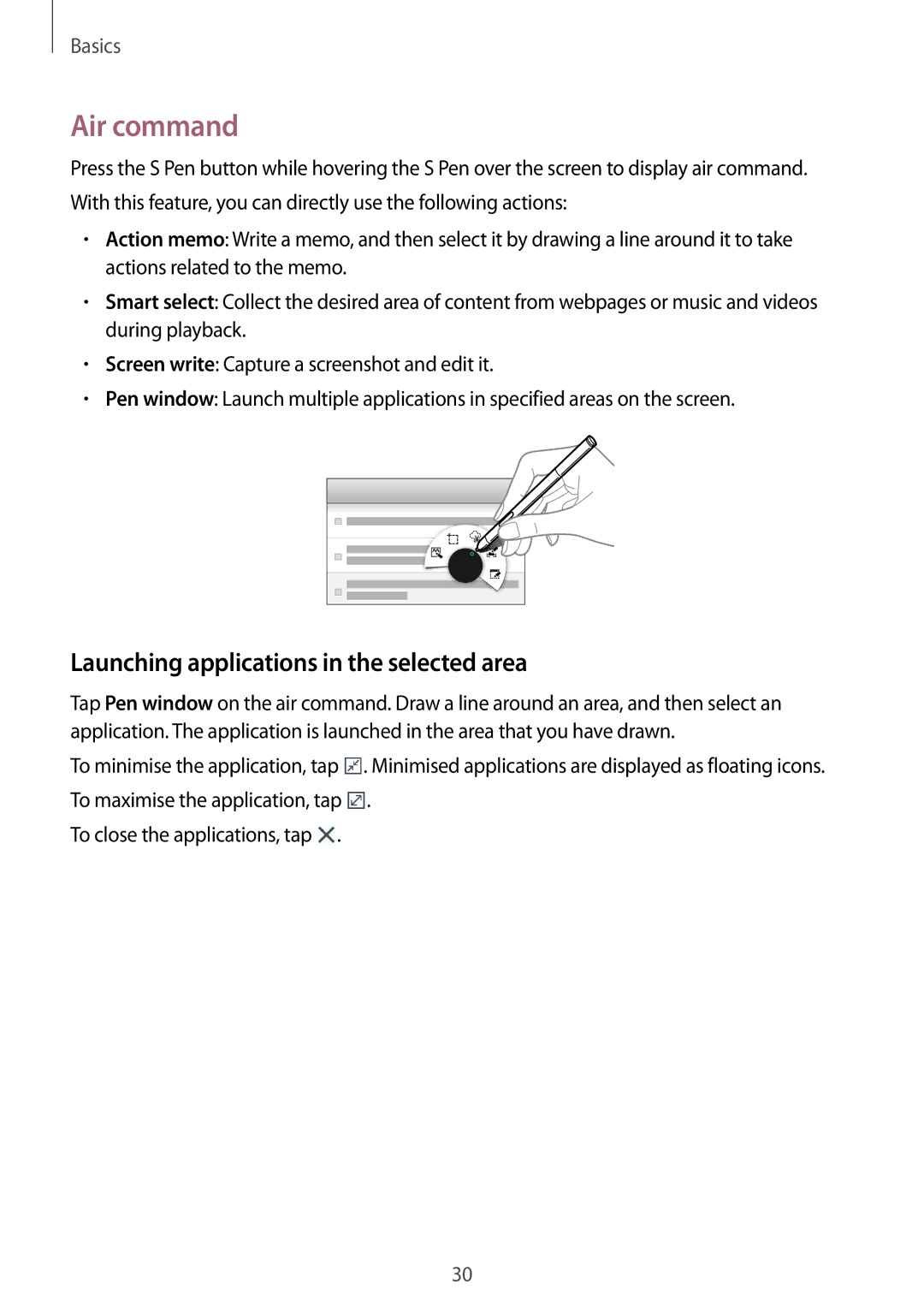 Samsung SM-P6000ZWAXEZ, SM-P6000ZWAXEO, SM-P6000ZKEDBT manual Air command, Launching applications in the selected area 