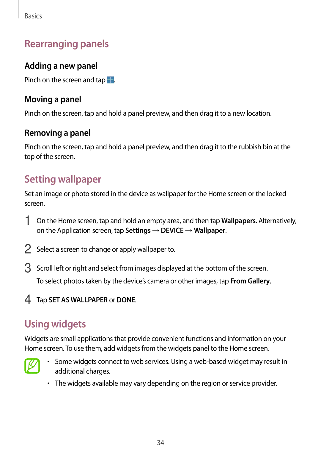 Samsung SM-P6000ZKANEE, SM-P6000ZWAXEO, SM-P6000ZKEDBT, SM-P6000ZKAEUR Rearranging panels, Setting wallpaper, Using widgets 