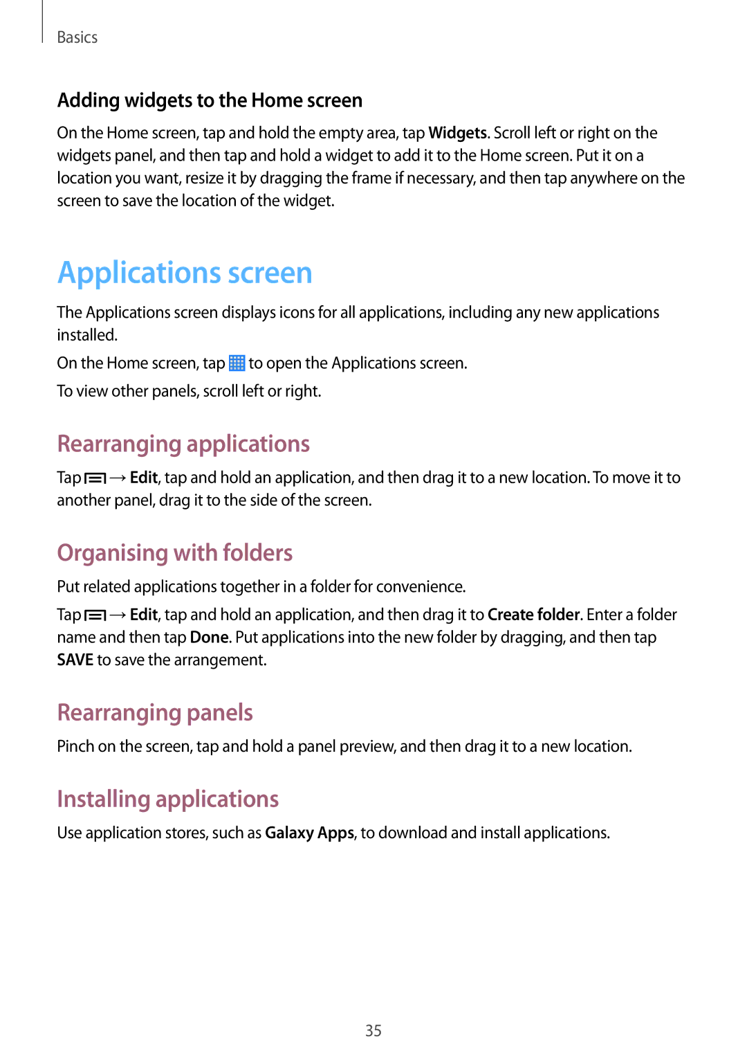 Samsung SM-P6000ZKENEE Applications screen, Rearranging applications, Organising with folders, Installing applications 