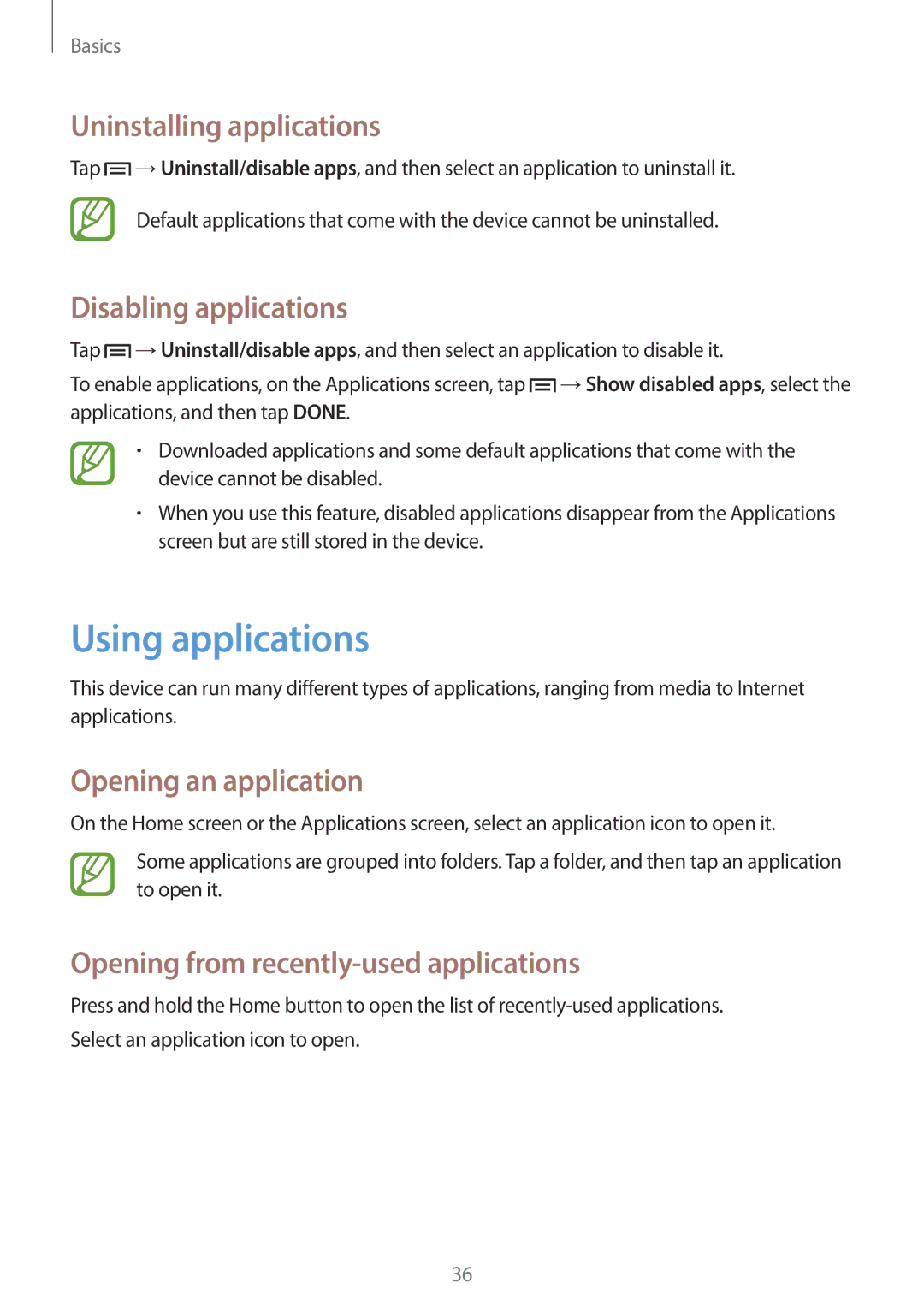 Samsung SM-P6000ZWENEE manual Using applications, Uninstalling applications, Disabling applications, Opening an application 