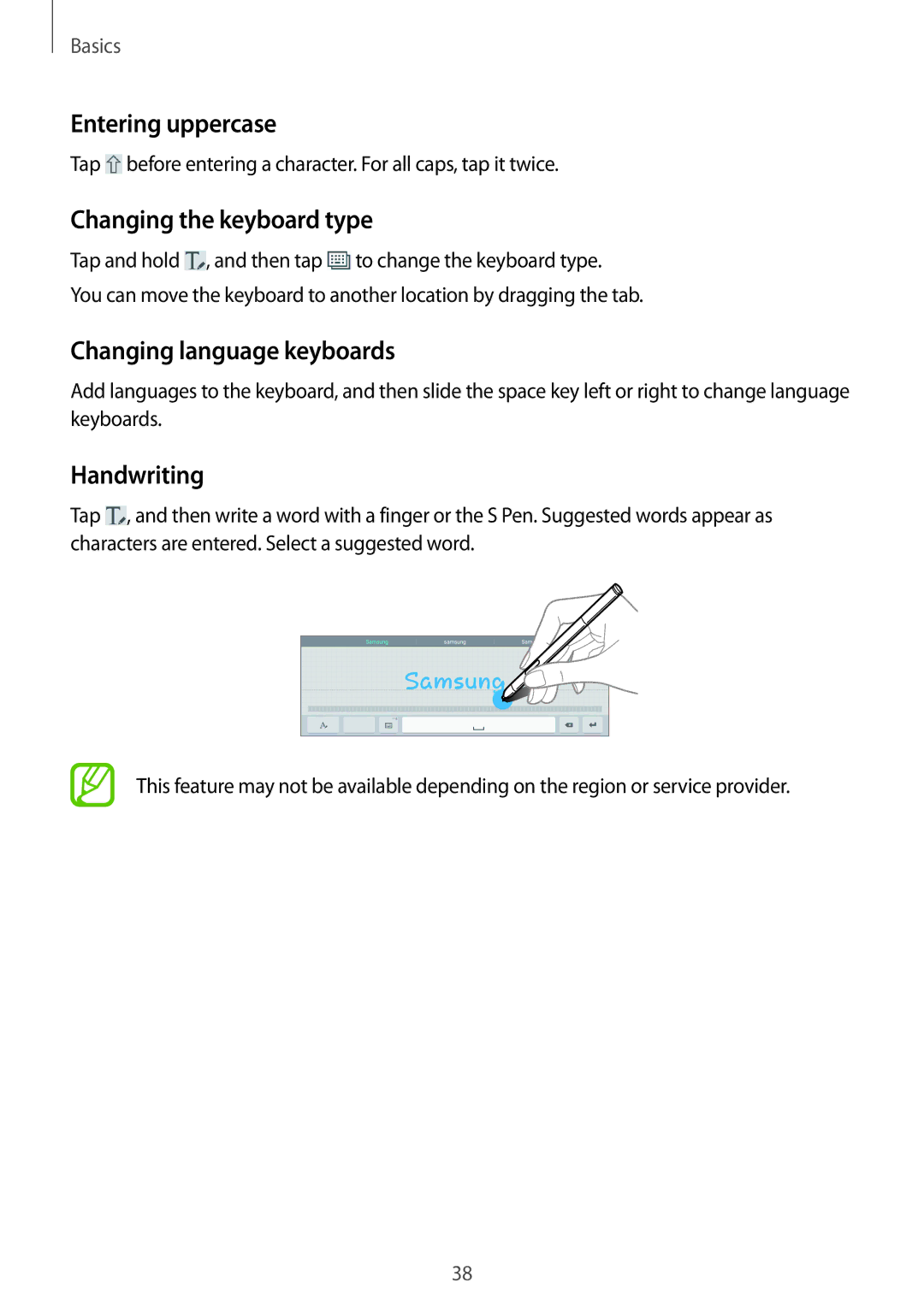 Samsung SM-P6000ZWESEB manual Entering uppercase, Changing the keyboard type, Changing language keyboards, Handwriting 