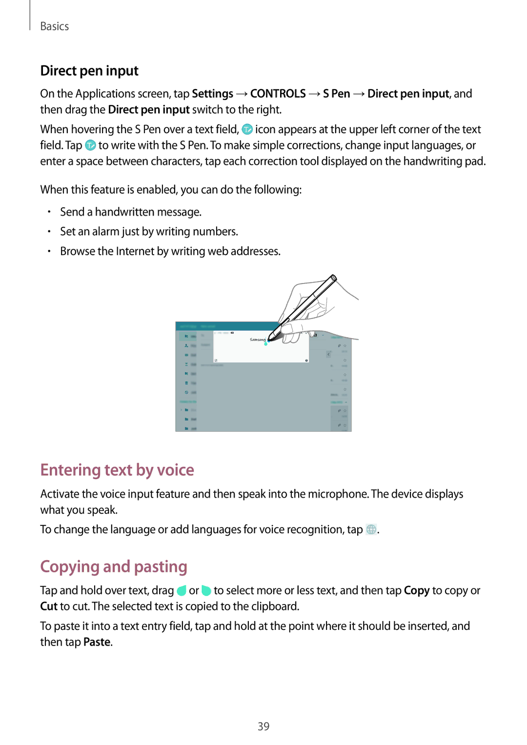 Samsung SM-P6000ZKASEB, SM-P6000ZWAXEO, SM-P6000ZKEDBT manual Entering text by voice, Copying and pasting, Direct pen input 