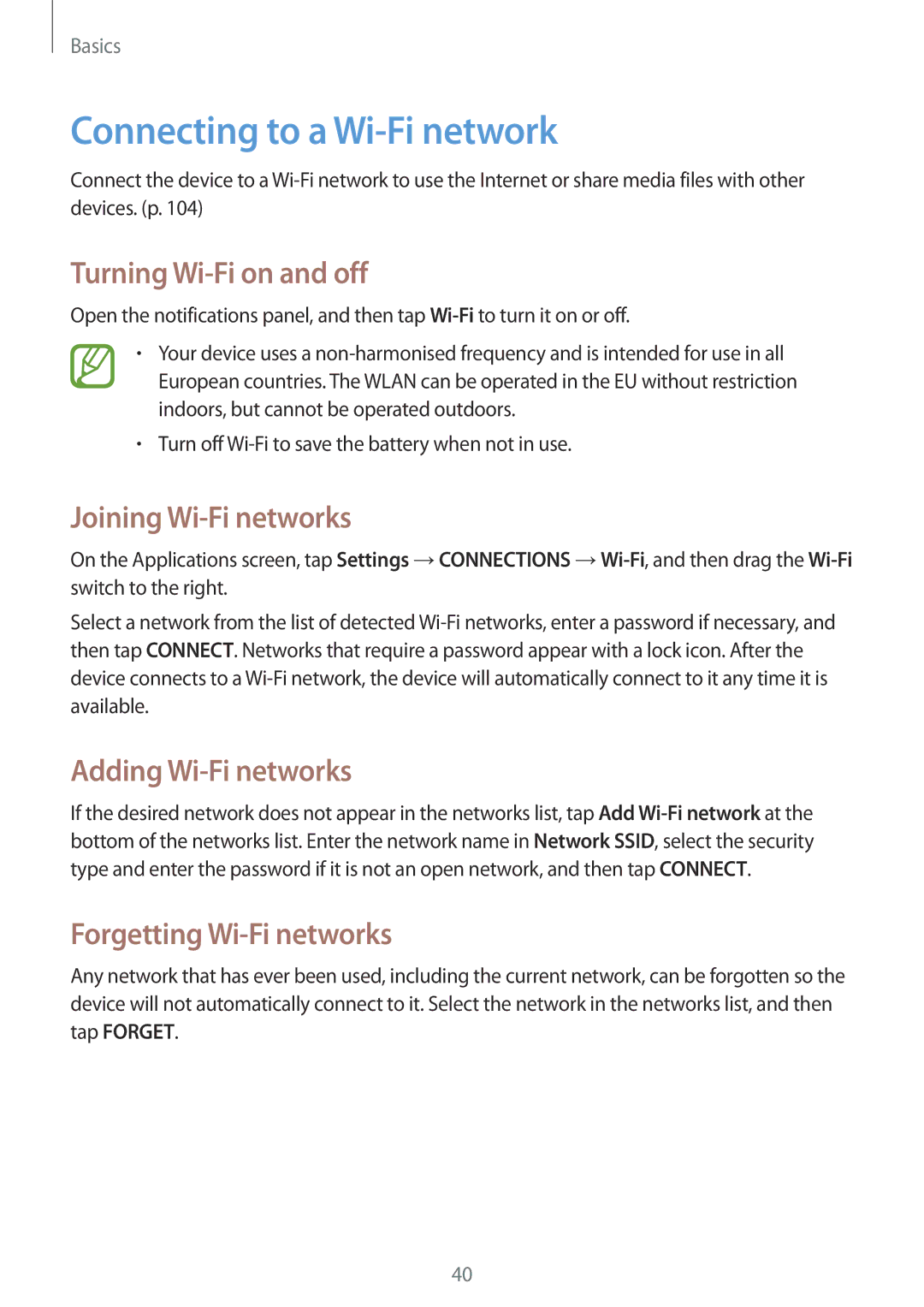 Samsung SM-P6000ZWASEB, SM-P6000ZWAXEO Connecting to a Wi-Fi network, Turning Wi-Fi on and off, Joining Wi-Fi networks 