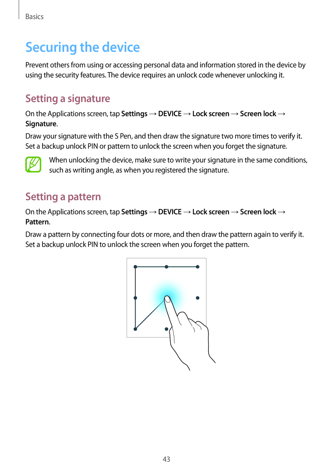 Samsung SM-P6000ZWAXEO, SM-P6000ZKEDBT, SM-P6000ZKAEUR manual Securing the device, Setting a signature, Setting a pattern 