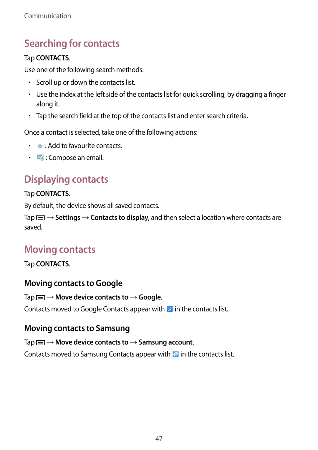 Samsung SM-P6000ZWEATO, SM-P6000ZWAXEO manual Searching for contacts, Displaying contacts, Moving contacts to Google 