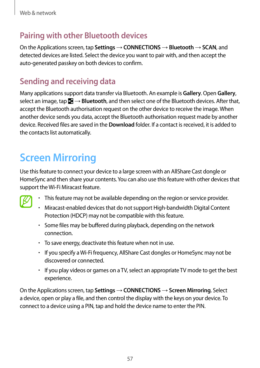 Samsung SM-P6000ZKAXEF, SM-P6000ZWAXEO Screen Mirroring, Pairing with other Bluetooth devices, Sending and receiving data 