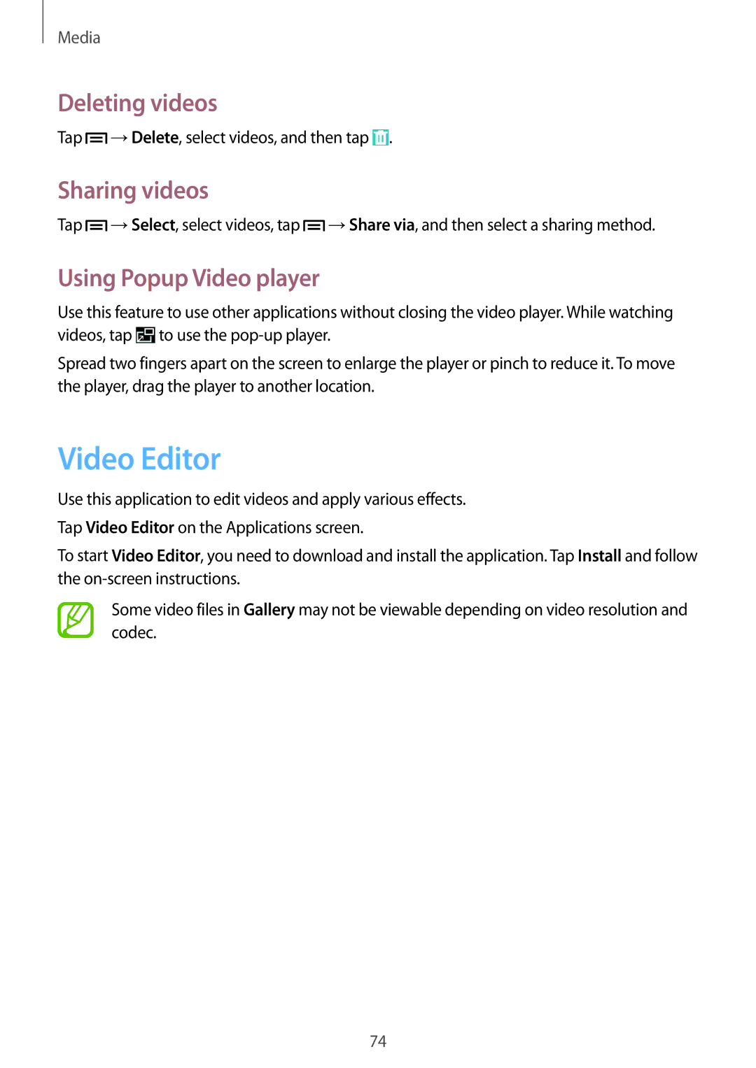 Samsung SM-P6000ZKAXEO, SM-P6000ZWAXEO manual Video Editor, Deleting videos, Sharing videos, Using Popup Video player 