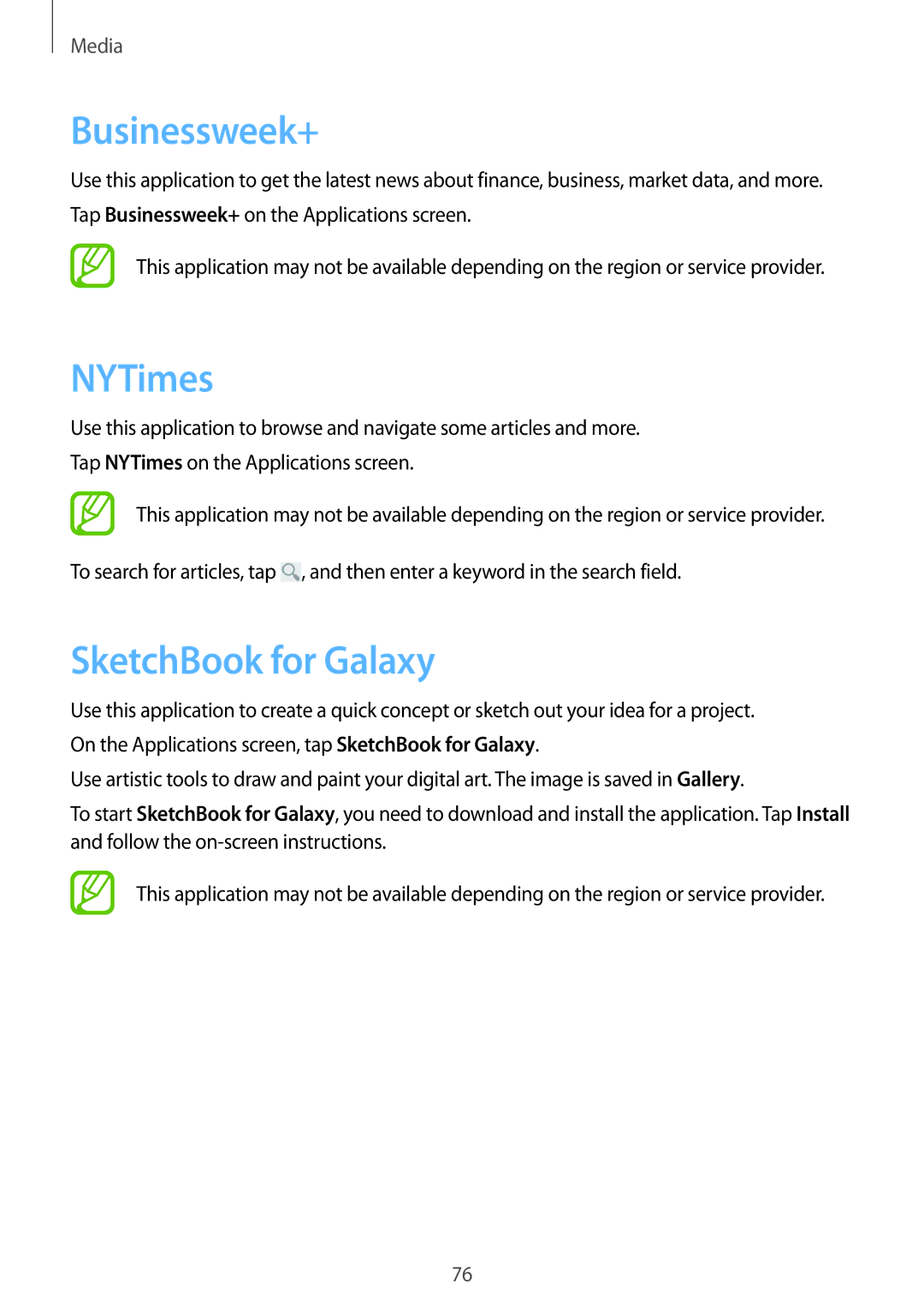 Samsung SM-P6000ZKEAUT, SM-P6000ZWAXEO, SM-P6000ZKEDBT, SM-P6000ZKAEUR manual Businessweek+, NYTimes, SketchBook for Galaxy 