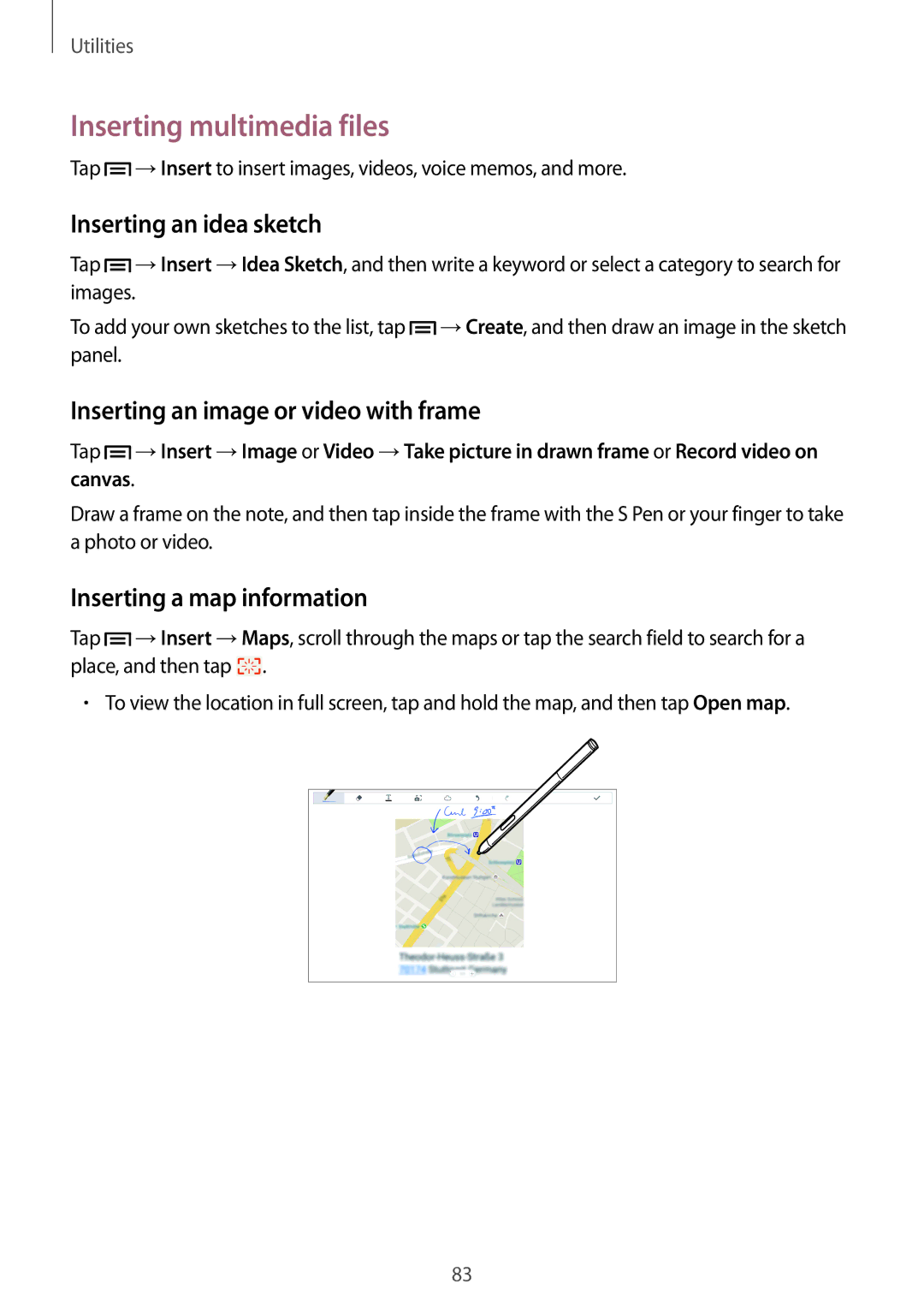 Samsung SM-P6000ZWASEB manual Inserting multimedia files, Inserting an idea sketch, Inserting an image or video with frame 