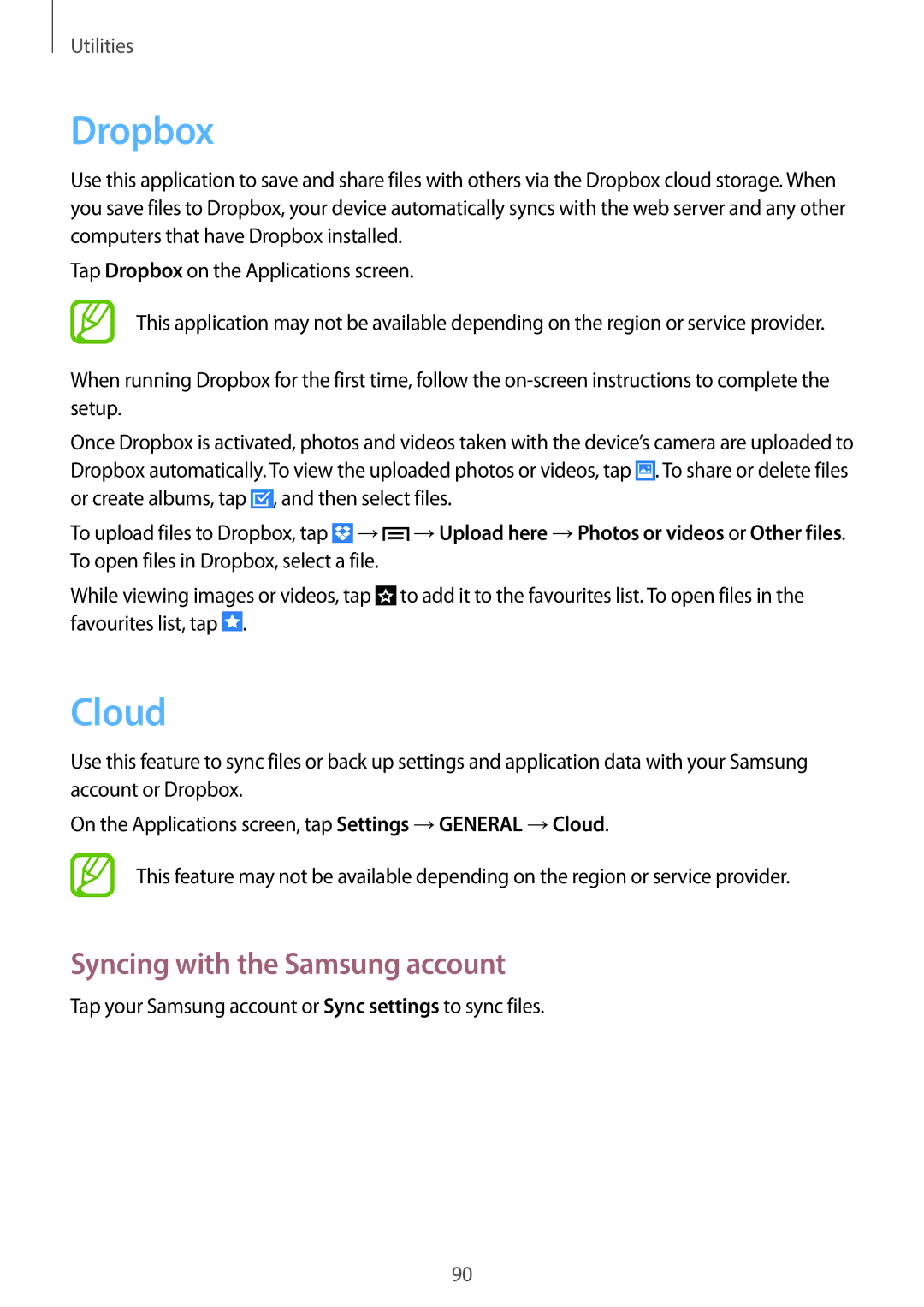 Samsung SM-P6000ZWEATO, SM-P6000ZWAXEO, SM-P6000ZKEDBT, SM-P6000ZKAEUR manual Dropbox, Cloud, Syncing with the Samsung account 