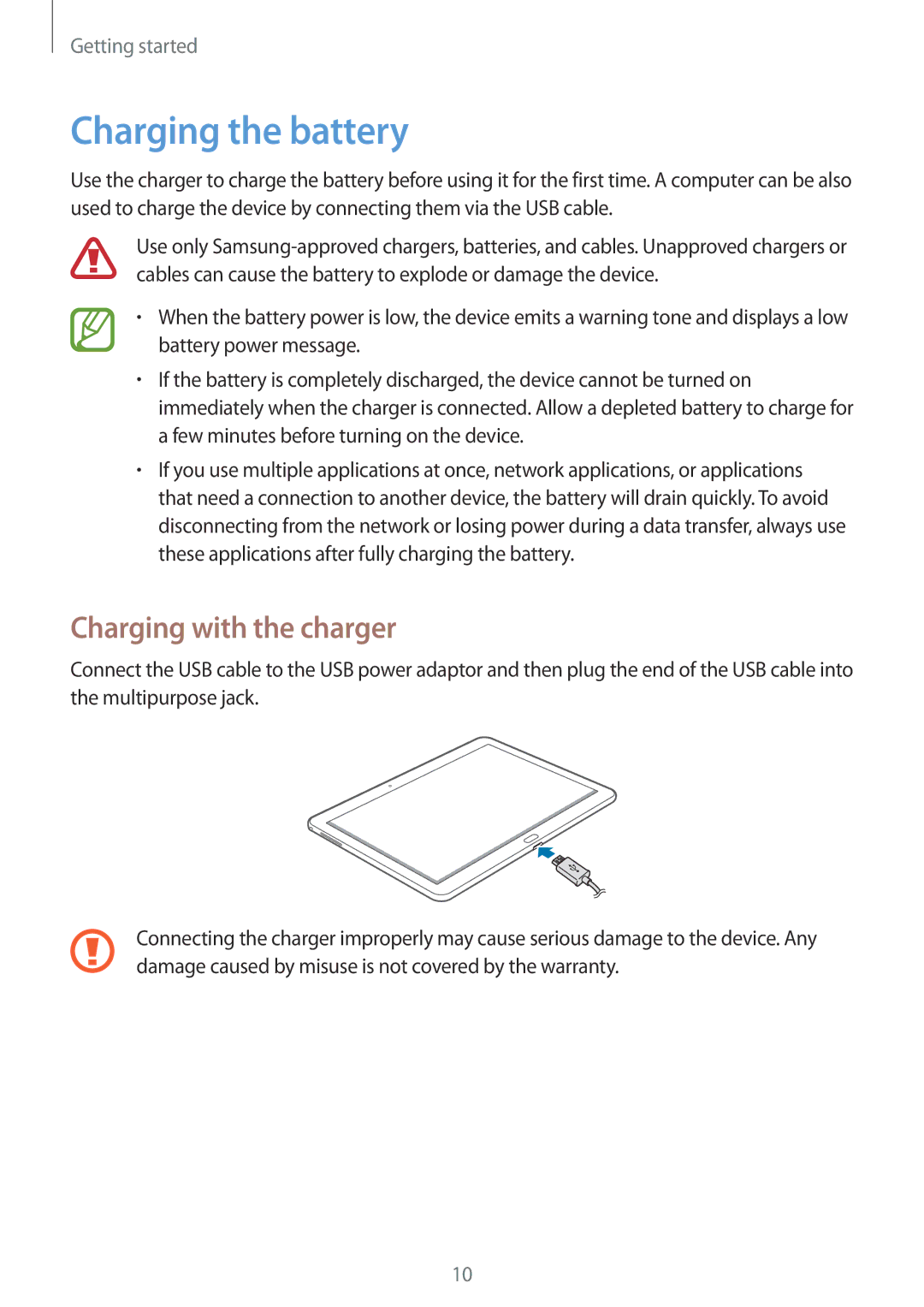 Samsung SM-P6000ZWATUR, SM-P6000ZWAXEO, SM-P6000ZKEDBT, SM-P6000ZKAEUR manual Charging the battery, Charging with the charger 