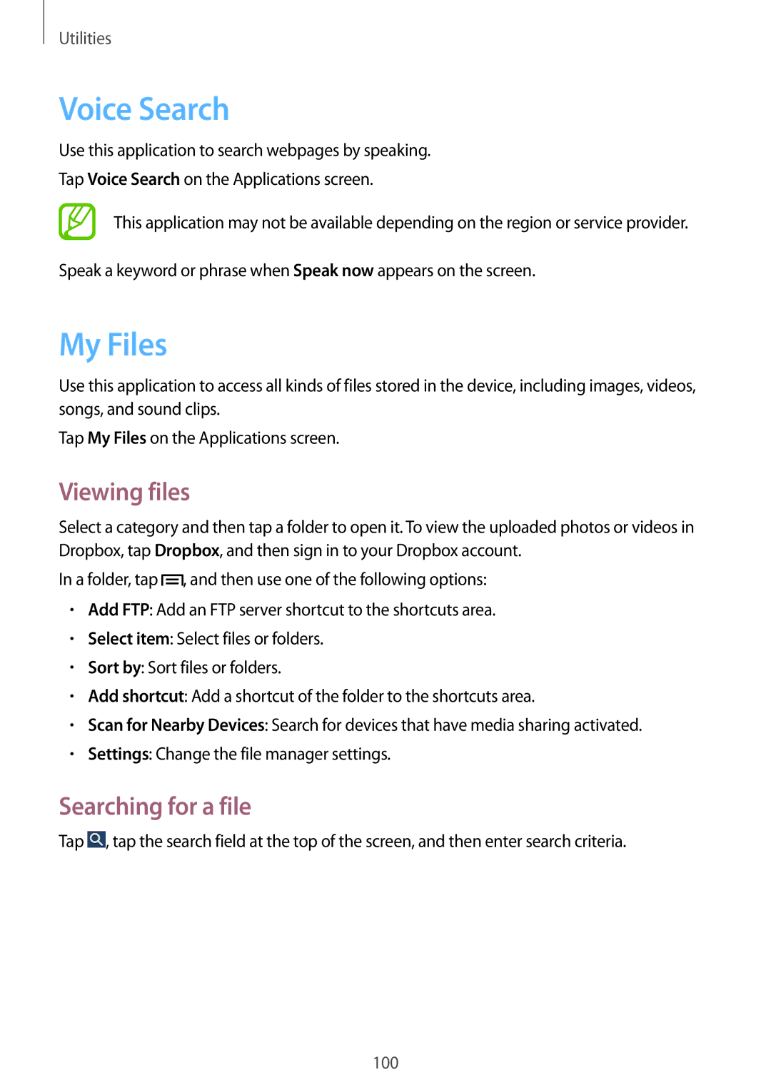 Samsung SM-P6000ZKAXEF, SM-P6000ZWAXEO, SM-P6000ZKEDBT manual Voice Search, My Files, Viewing files, Searching for a file 