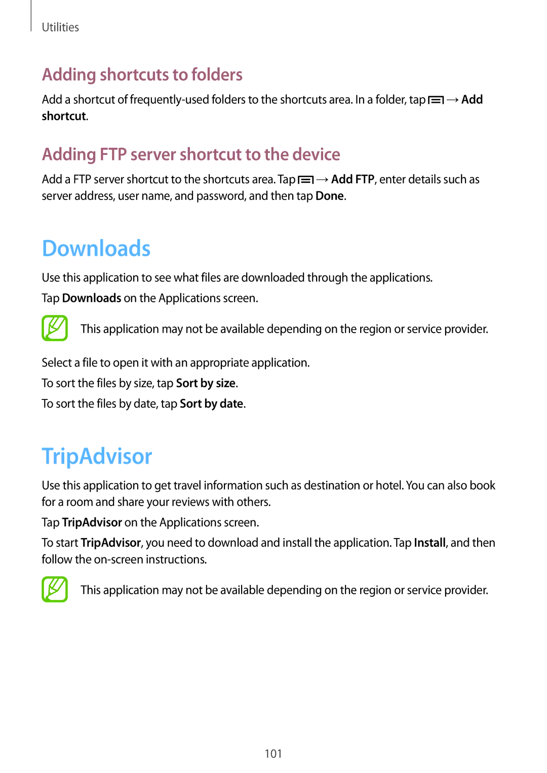 Samsung SM-P6000ZWAXEF manual Downloads, TripAdvisor, Adding shortcuts to folders, Adding FTP server shortcut to the device 