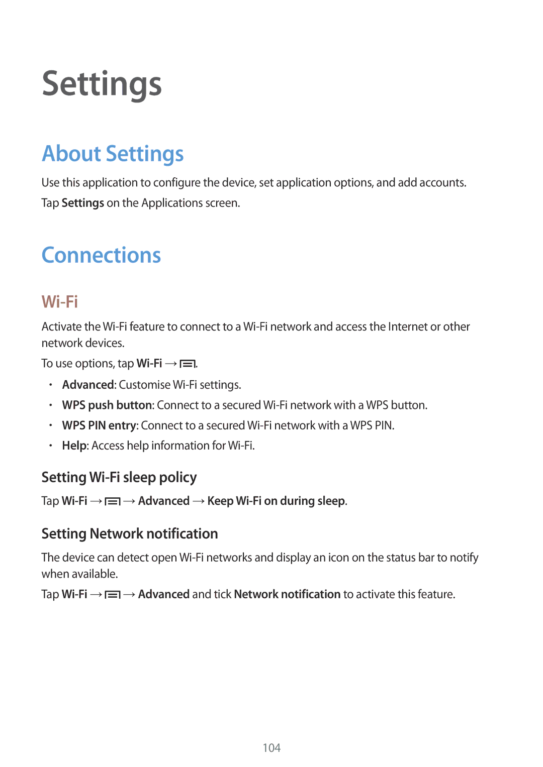 Samsung SM-P6000ZWEPHE, SM-P6000ZWAXEO, SM-P6000ZKEDBT, SM-P6000ZKAEUR, SM-P6000ZKAATO About Settings, Connections, Wi-Fi 