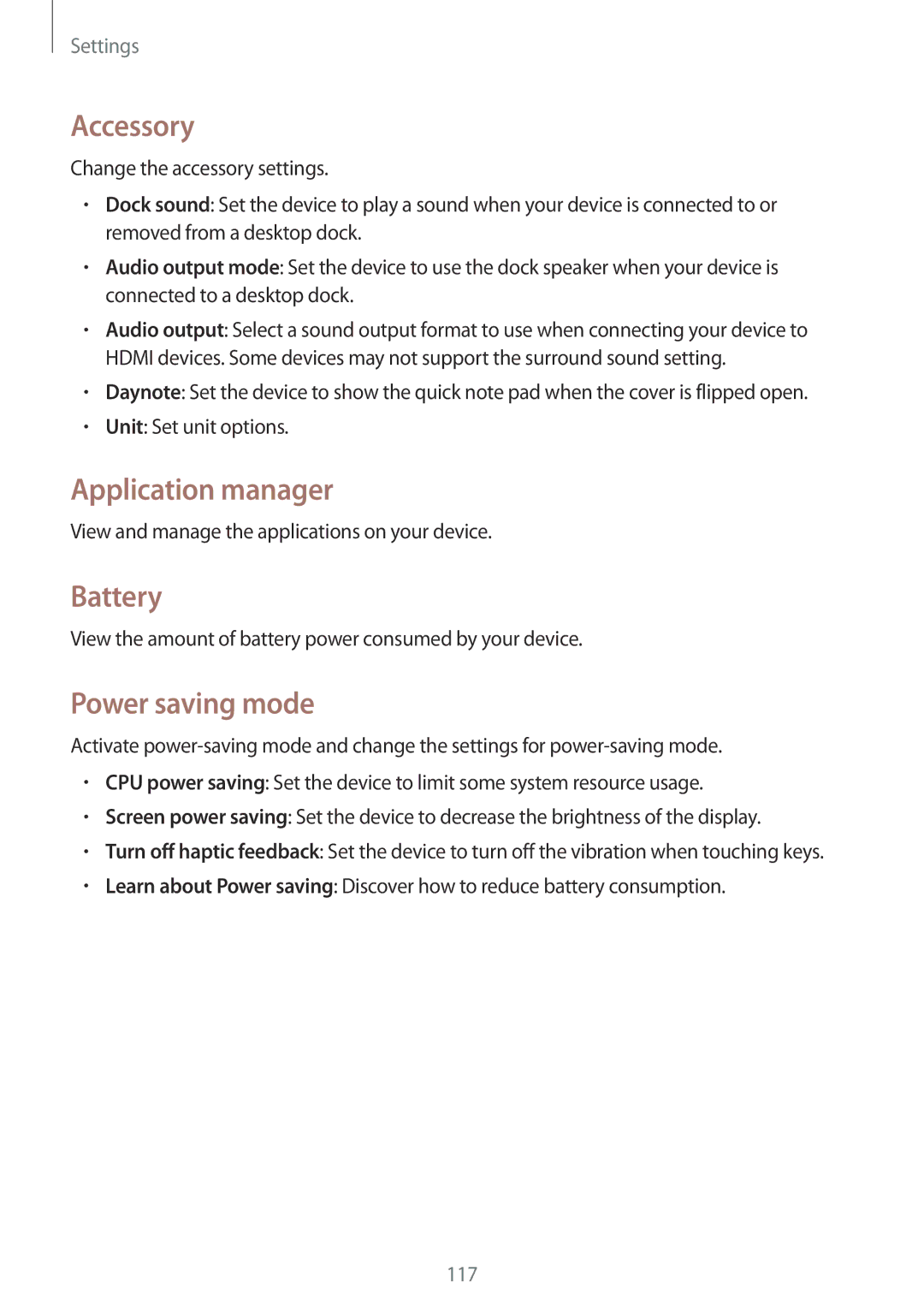 Samsung SM-P6000ZKAXEO, SM-P6000ZWAXEO, SM-P6000ZKEDBT manual Accessory, Application manager, Battery, Power saving mode 