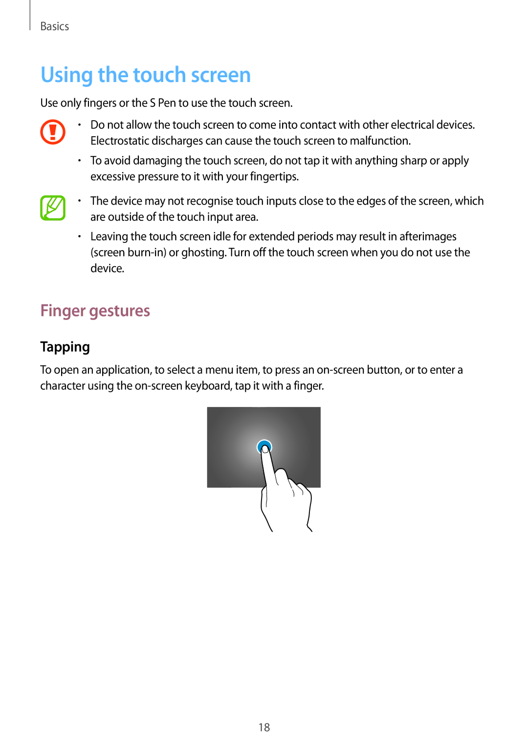 Samsung SM-P6000ZWEPHE, SM-P6000ZWAXEO, SM-P6000ZKEDBT, SM-P6000ZKAEUR manual Using the touch screen, Finger gestures, Tapping 