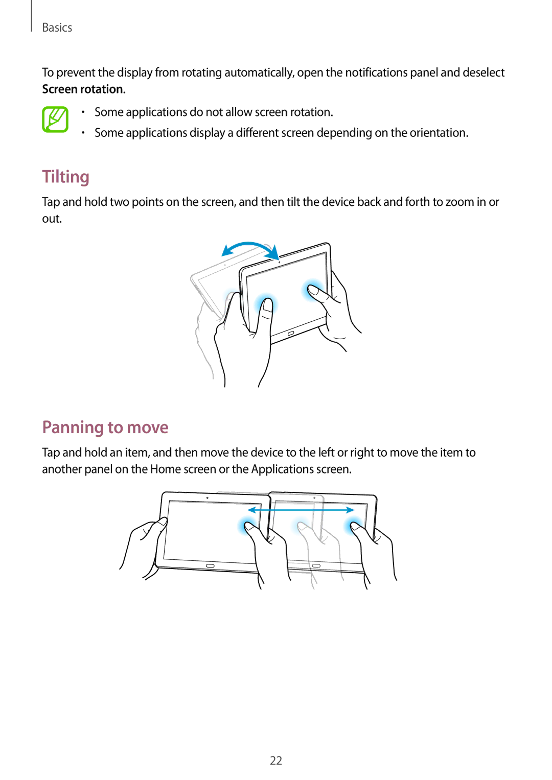 Samsung SM-P6000ZKAXEZ, SM-P6000ZWAXEO, SM-P6000ZKEDBT, SM-P6000ZKAEUR, SM-P6000ZKAATO manual Tilting, Panning to move 
