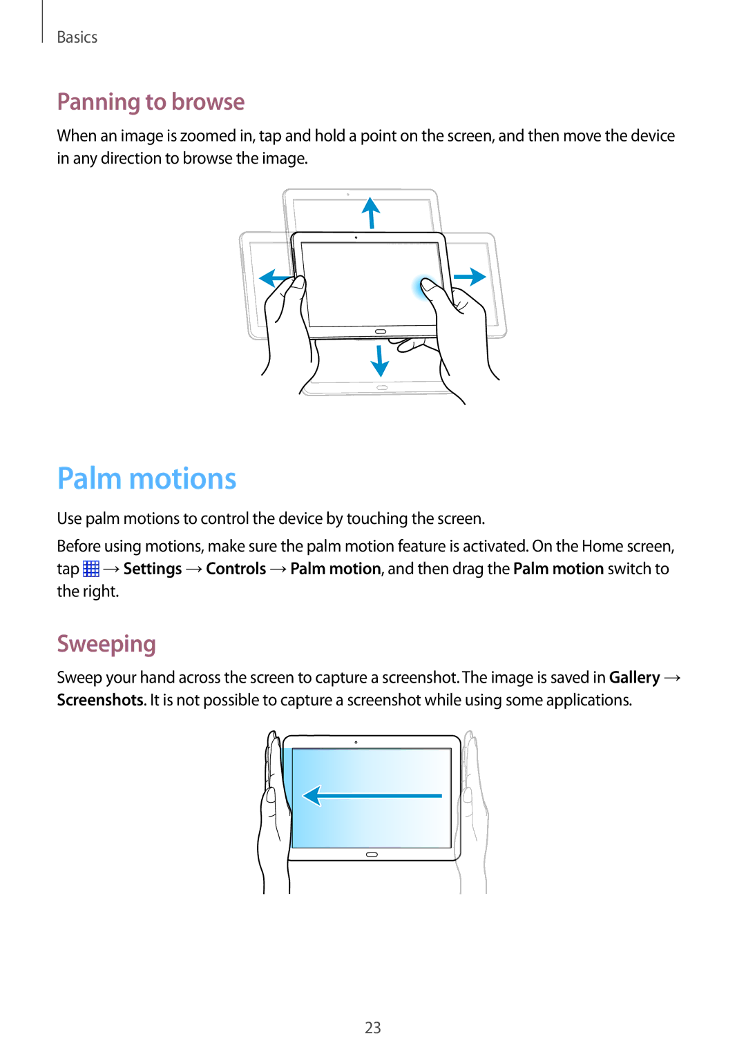 Samsung SM-P6000ZKABGL, SM-P6000ZWAXEO, SM-P6000ZKEDBT, SM-P6000ZKAEUR manual Palm motions, Panning to browse, Sweeping 