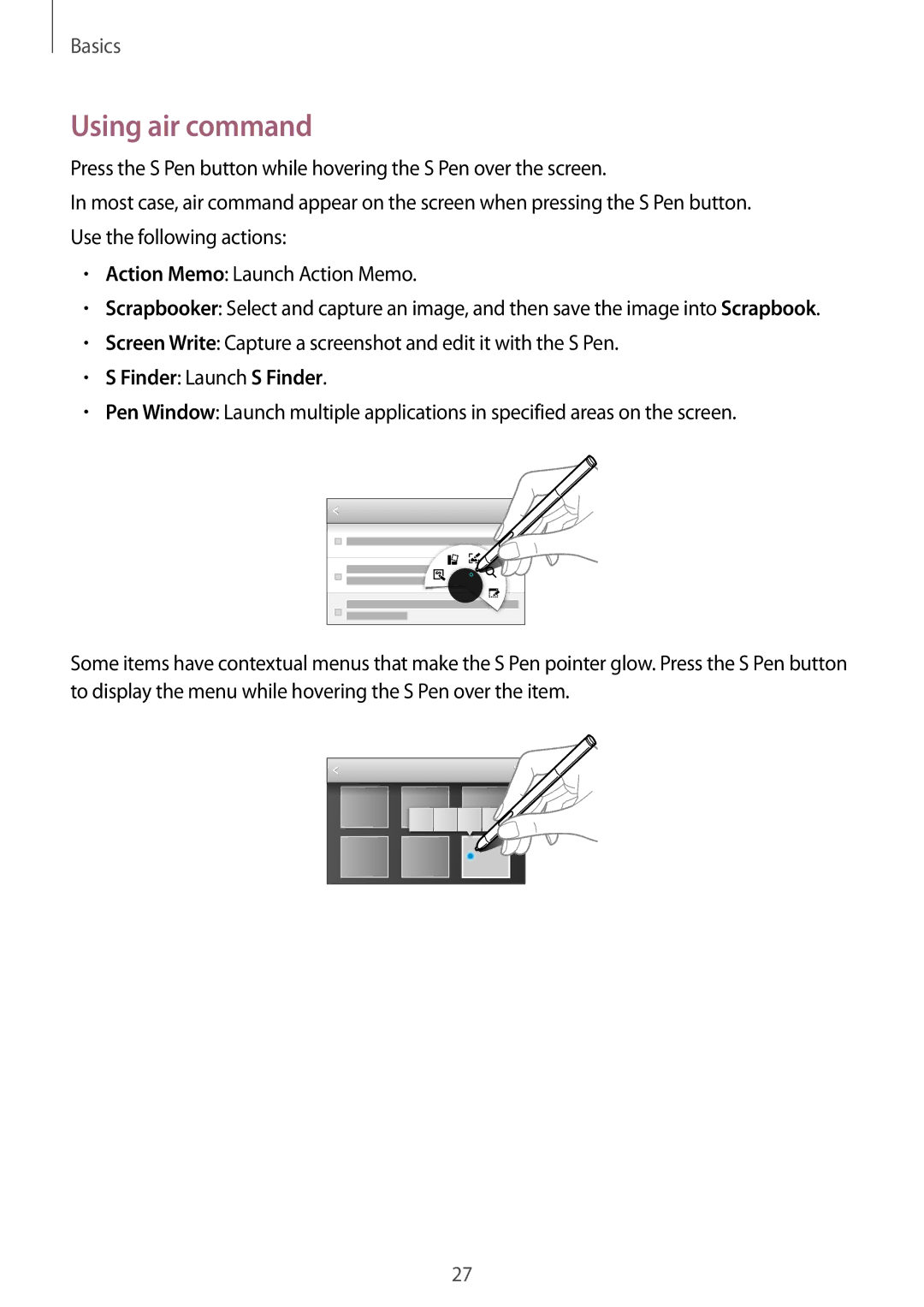 Samsung SM-P6000ZWEXEZ, SM-P6000ZWAXEO, SM-P6000ZKEDBT, SM-P6000ZKAEUR manual Using air command, Finder Launch S Finder 