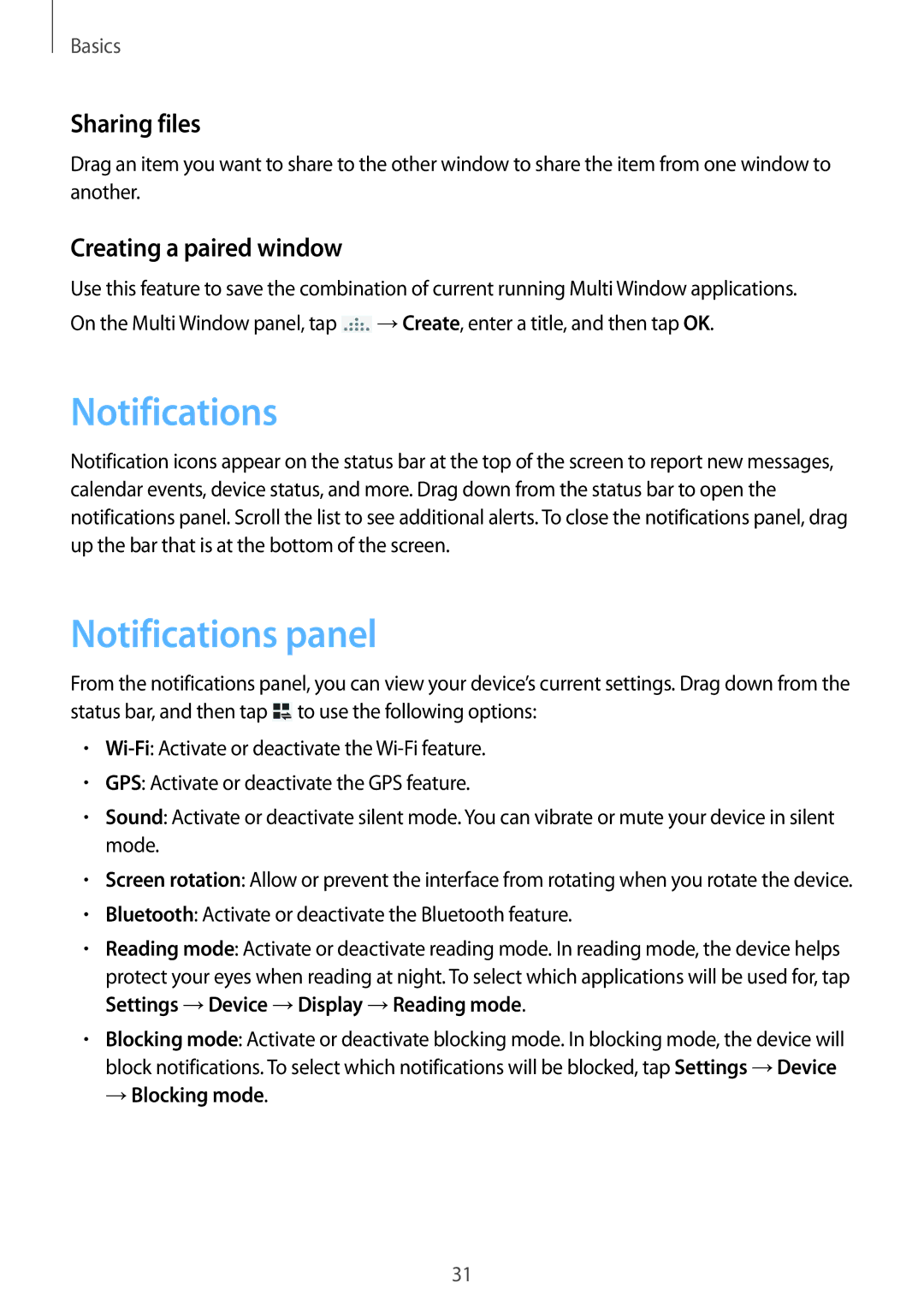 Samsung SM-P6000ZKAXEO, SM-P6000ZWAXEO Notifications panel, Sharing files, Creating a paired window, →Blocking mode 