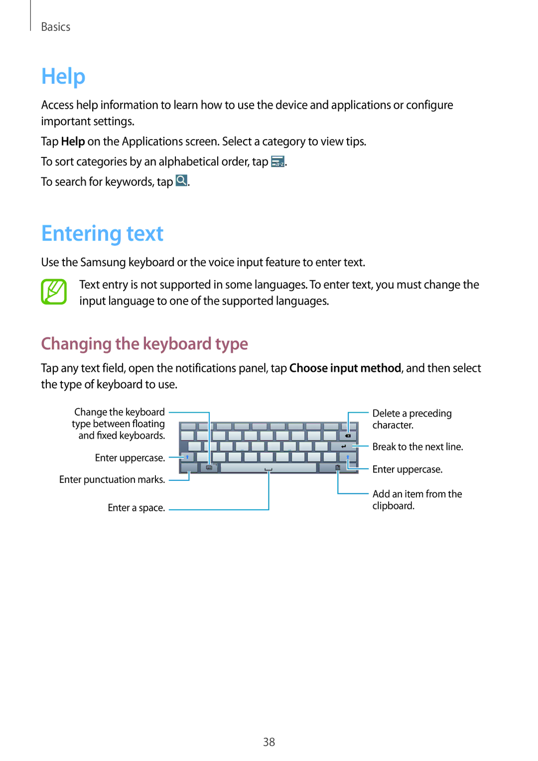 Samsung SM-P6000ZWESEB, SM-P6000ZWAXEO, SM-P6000ZKEDBT, SM-P6000ZKAEUR manual Help, Entering text, Changing the keyboard type 