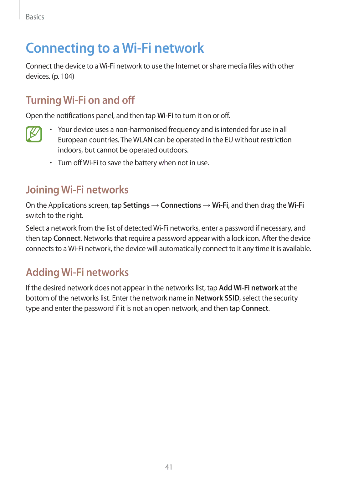 Samsung SM-P6000ZKESEB, SM-P6000ZWAXEO Connecting to a Wi-Fi network, Turning Wi-Fi on and off, Joining Wi-Fi networks 