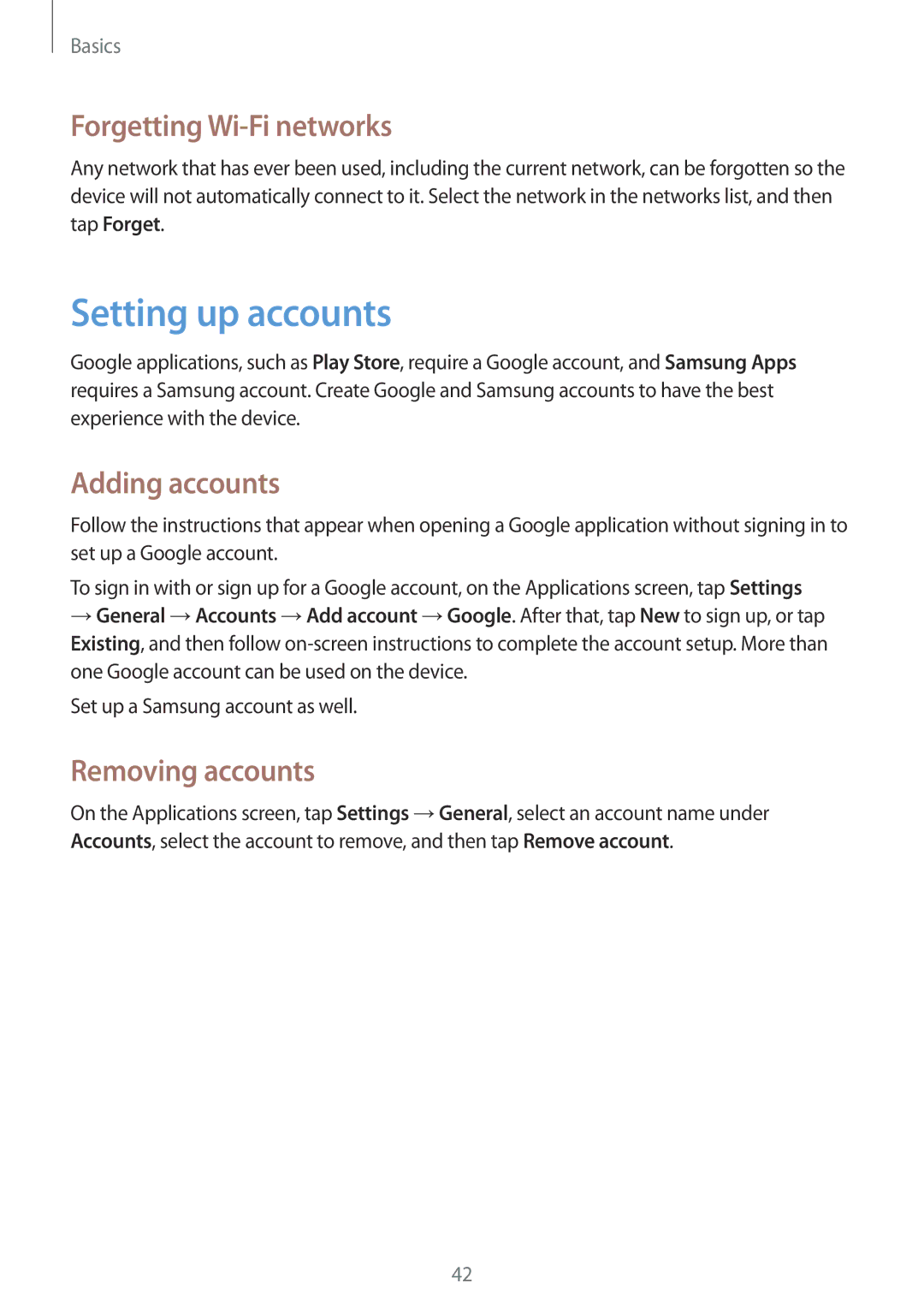 Samsung SM-P6000ZKEXEH, SM-P6000ZWAXEO Setting up accounts, Forgetting Wi-Fi networks, Adding accounts, Removing accounts 