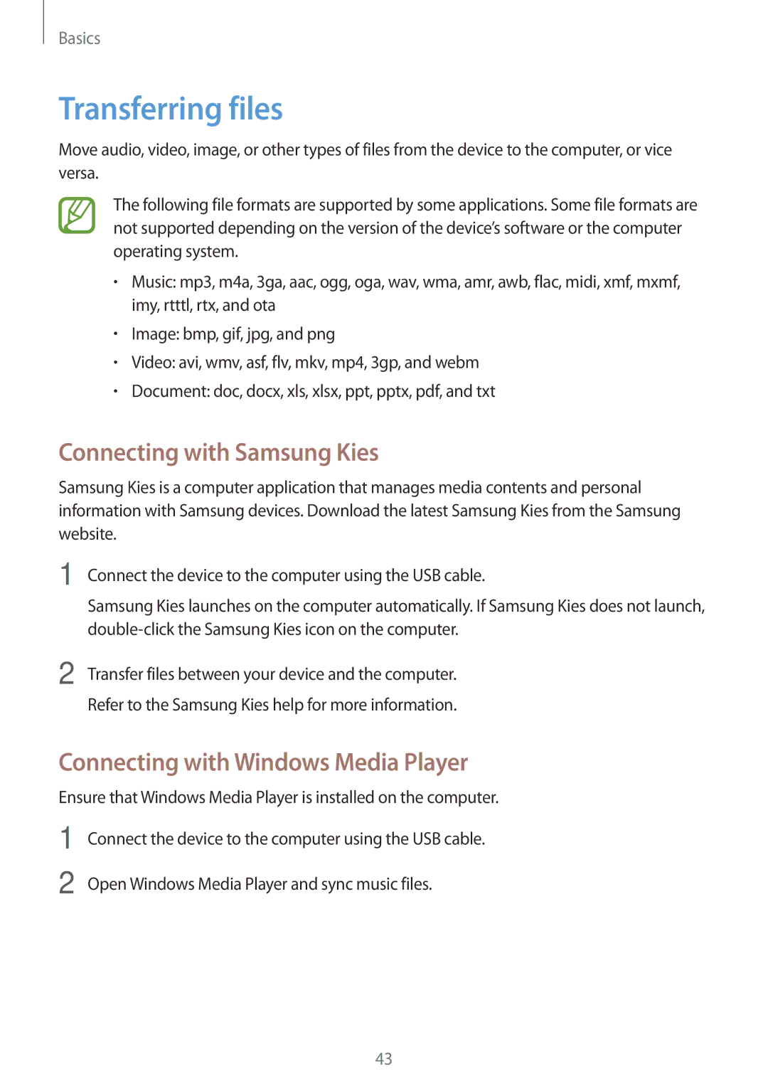 Samsung SM-P6000ZWAXEO manual Transferring files, Connecting with Samsung Kies, Connecting with Windows Media Player 