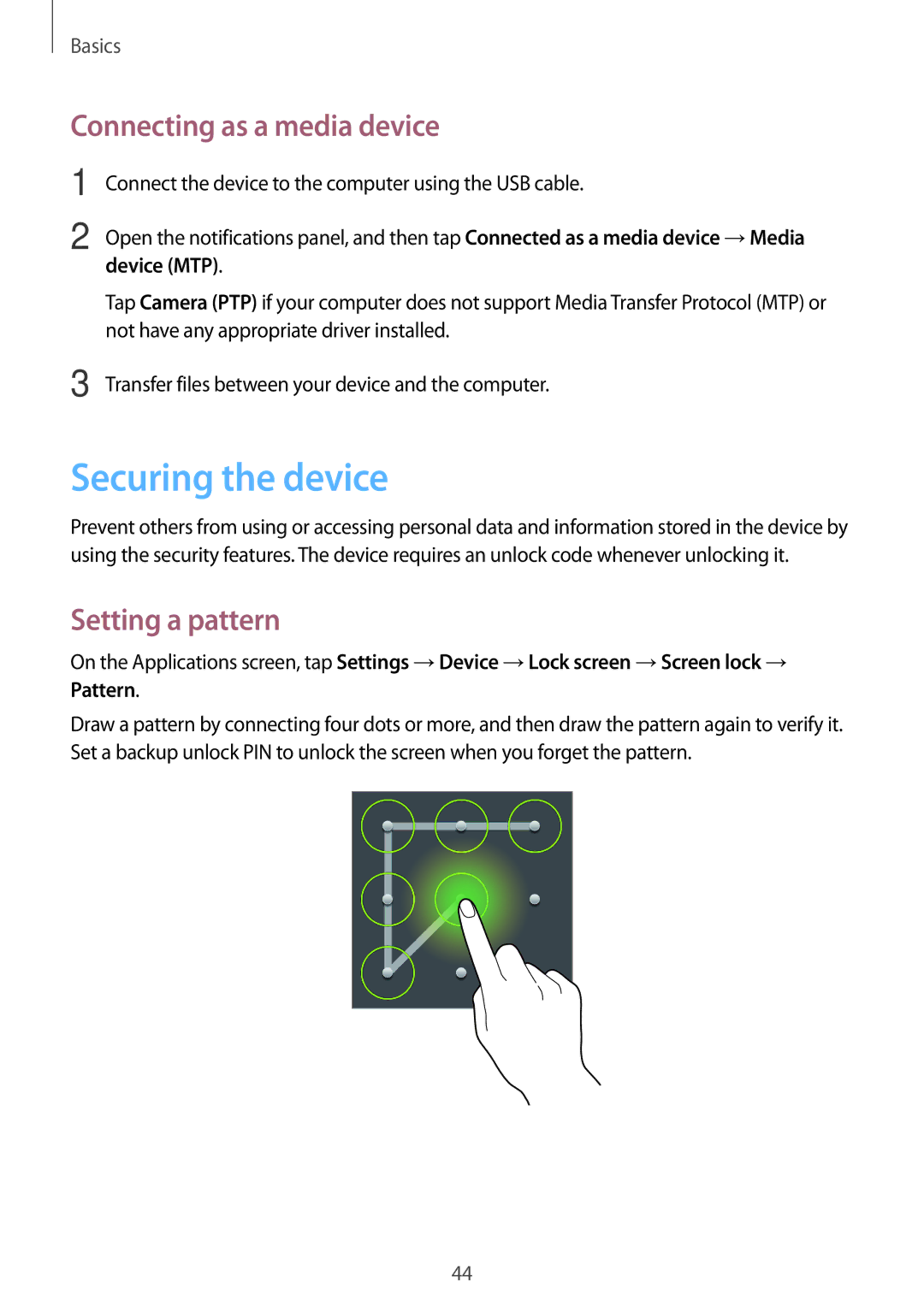 Samsung SM-P6000ZKEDBT, SM-P6000ZWAXEO Securing the device, Connecting as a media device, Setting a pattern, Device MTP 