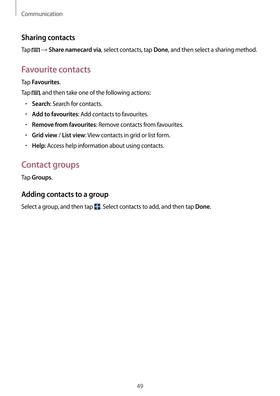 Samsung SM-P6000ZWAEUR, SM-P6000ZWAXEO Favourite contacts, Contact groups, Sharing contacts, Adding contacts to a group 