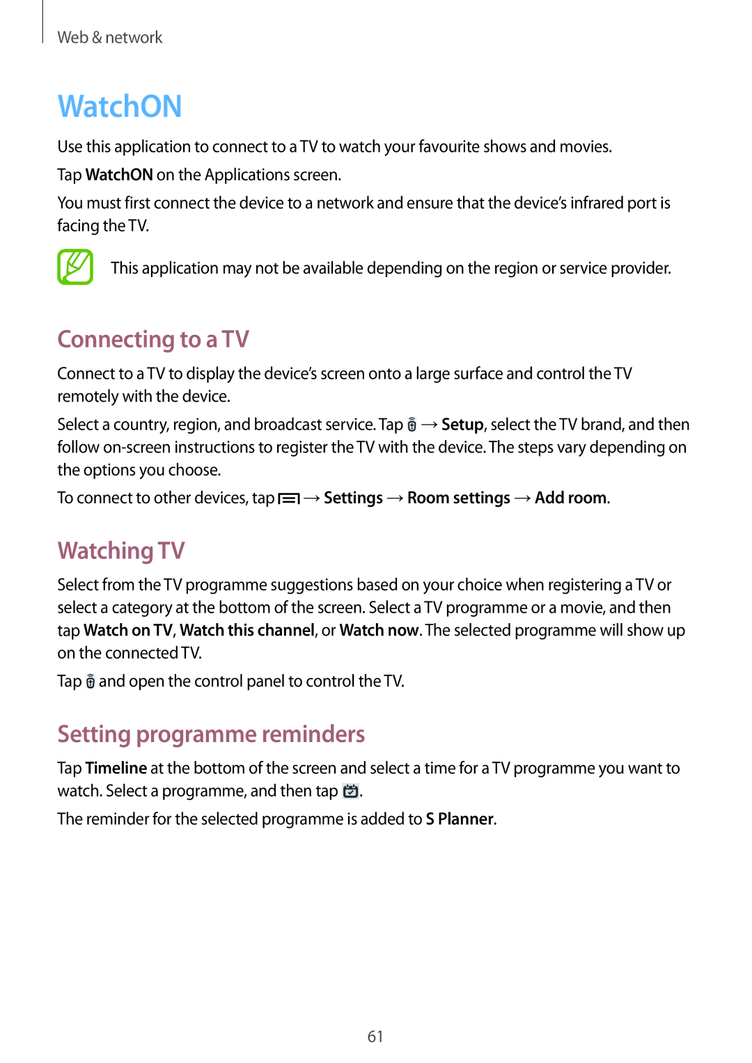 Samsung SM-P6000ZWEPHE, SM-P6000ZWAXEO manual WatchON, Connecting to a TV, Watching TV, Setting programme reminders 