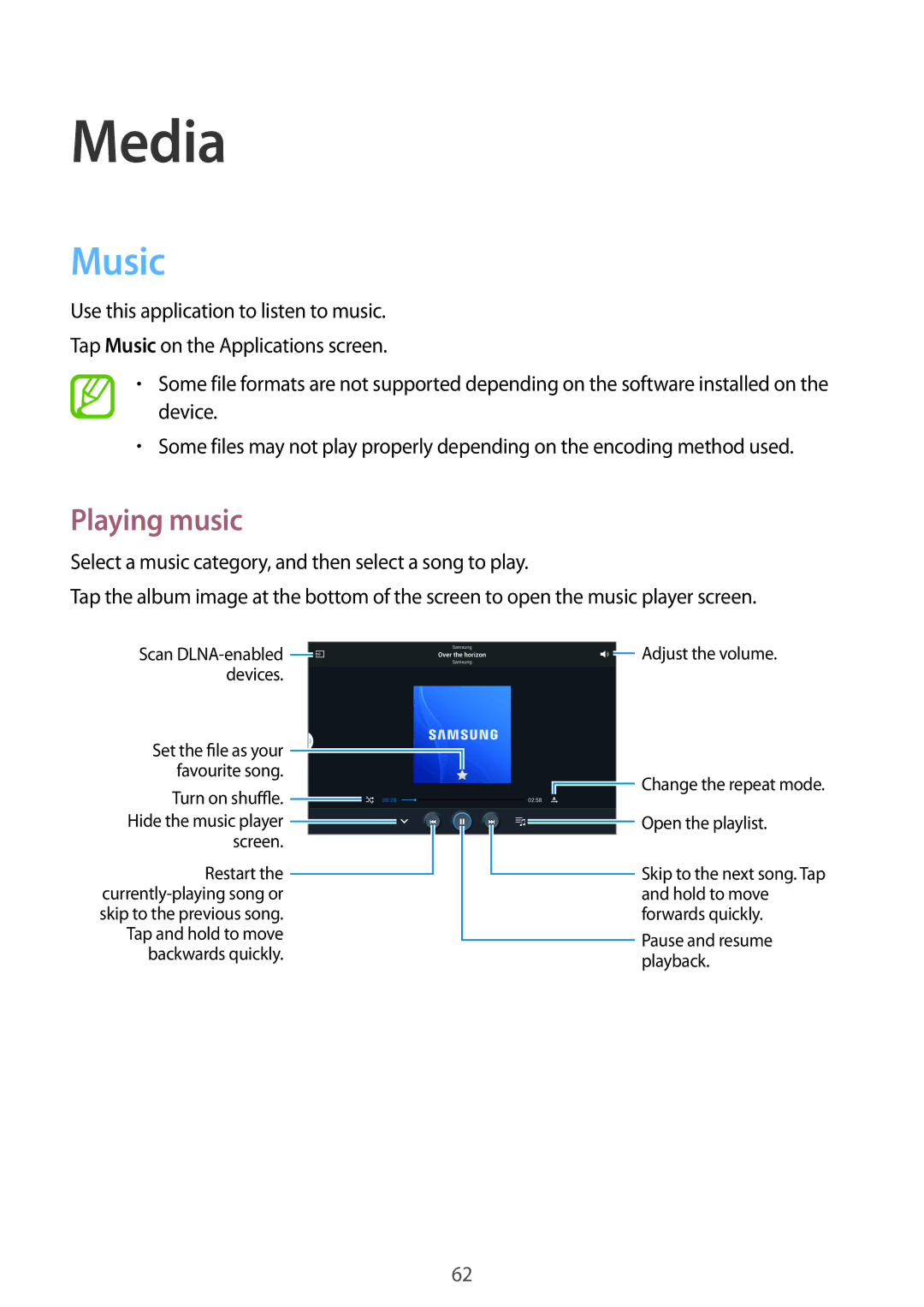 Samsung SM-P6000ZWAROM, SM-P6000ZWAXEO, SM-P6000ZKEDBT, SM-P6000ZKAEUR, SM-P6000ZKAATO manual Media, Music, Playing music 