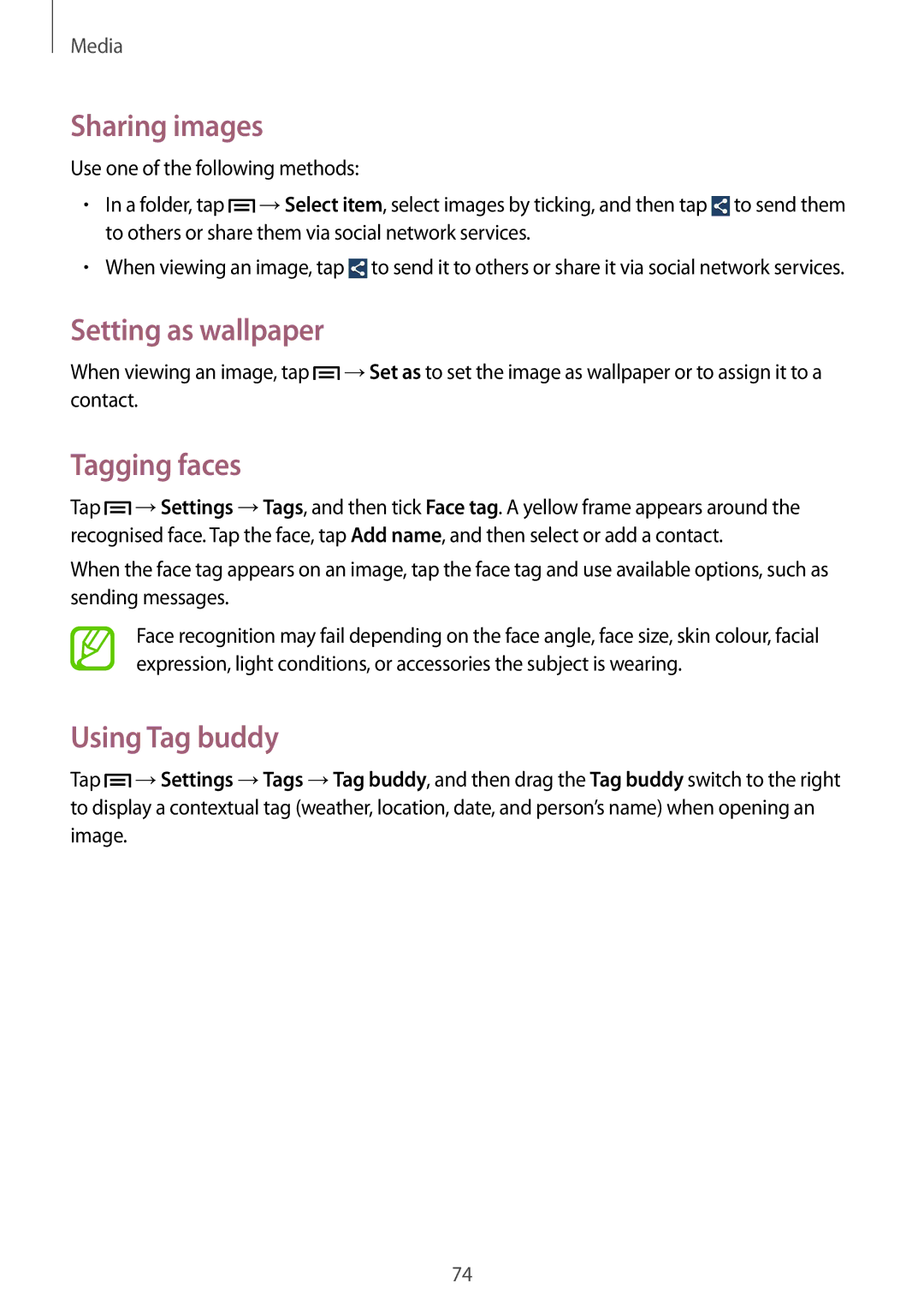 Samsung SM-P6000ZKAXEO, SM-P6000ZWAXEO, SM-P6000ZKEDBT Sharing images, Setting as wallpaper, Tagging faces, Using Tag buddy 