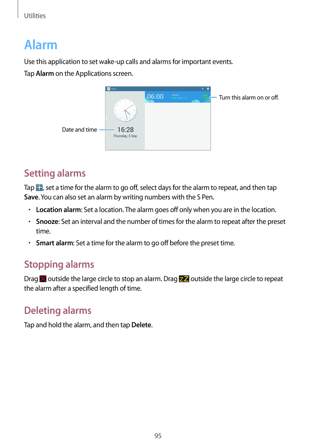 Samsung SM-P6000ZWADBT, SM-P6000ZWAXEO, SM-P6000ZKEDBT manual Alarm, Setting alarms, Stopping alarms, Deleting alarms 