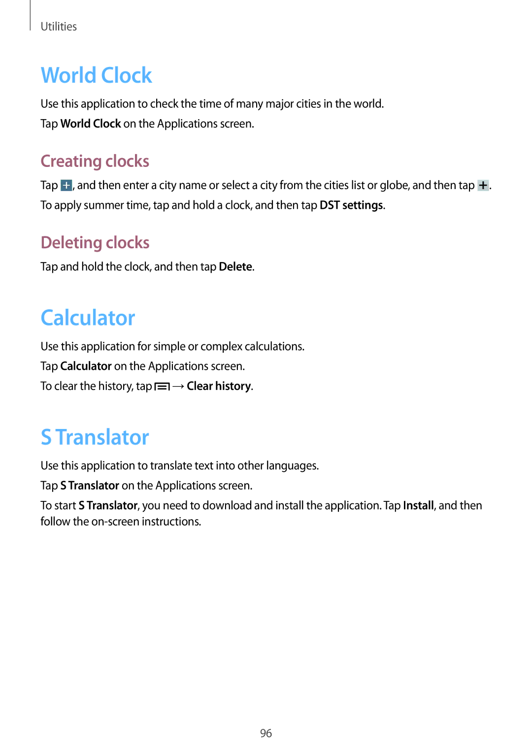 Samsung SM-P6000ZWATUR, SM-P6000ZWAXEO manual World Clock, Calculator, Translator, Creating clocks, Deleting clocks 