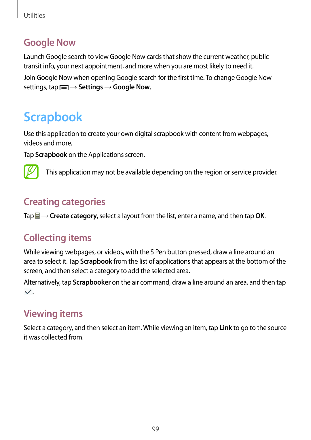 Samsung SM-P6000ZWEDBT, SM-P6000ZWAXEO manual Scrapbook, Google Now, Creating categories, Collecting items, Viewing items 