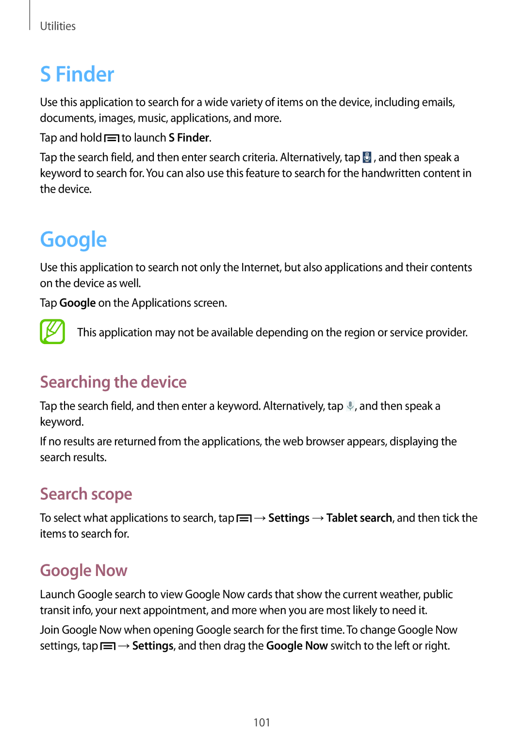 Samsung SM-P6000ZWAXEF, SM-P6000ZWAXEO, SM-P6000ZKEDBT manual Finder, Searching the device, Search scope, Google Now 