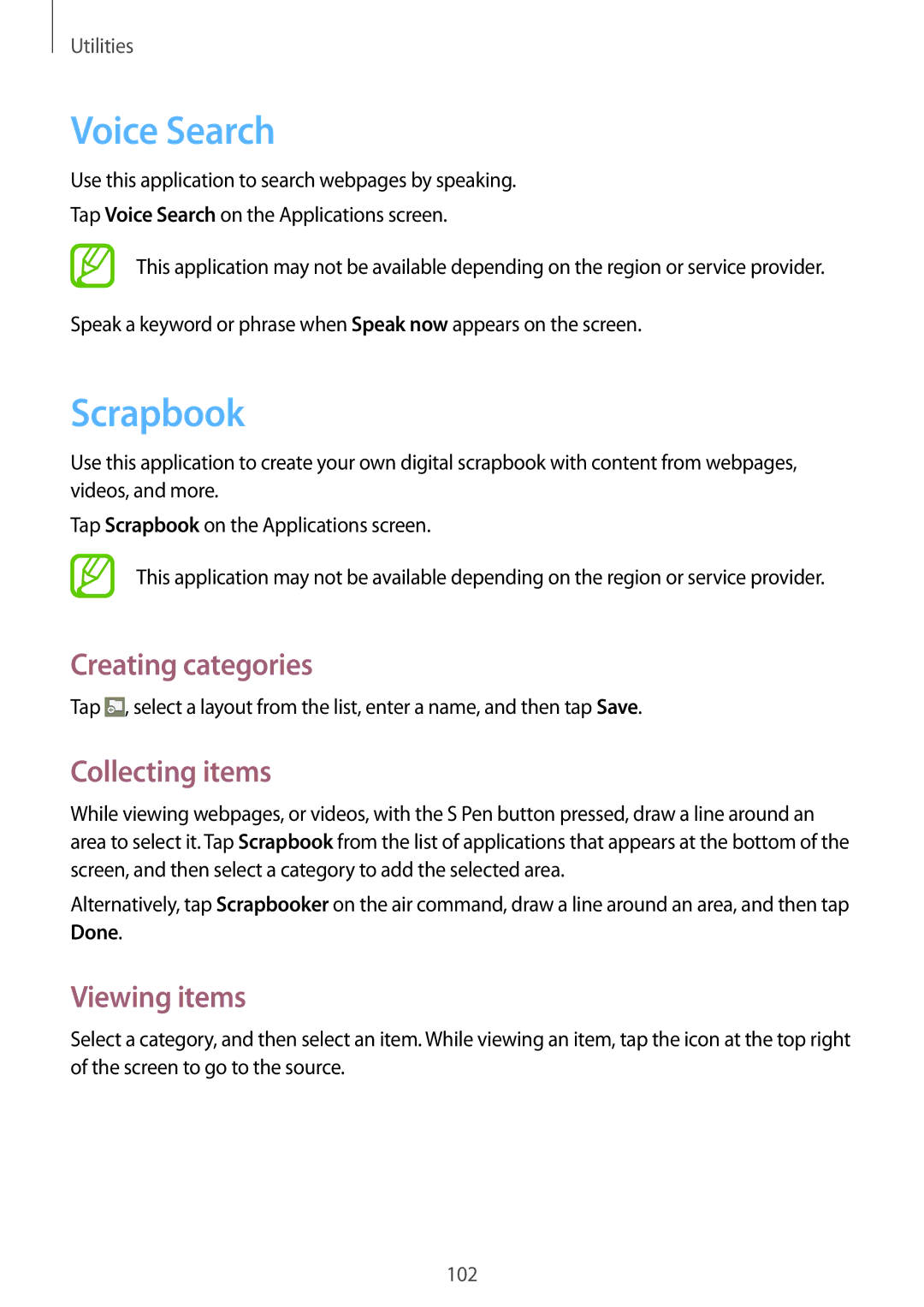 Samsung SM-P6000ZKEPHE, SM-P6000ZWAXEO manual Voice Search, Scrapbook, Creating categories, Collecting items, Viewing items 