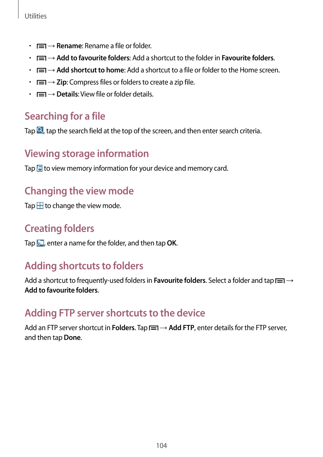 Samsung SM-P6000ZWEPHE manual Searching for a file, Viewing storage information, Changing the view mode, Creating folders 