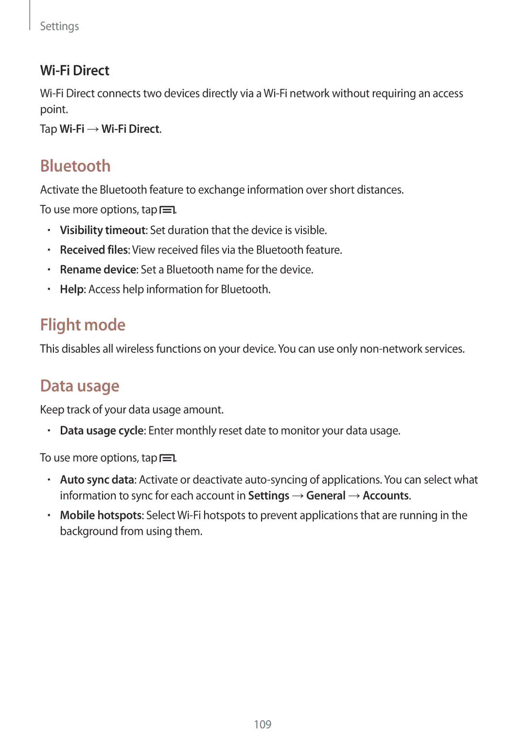 Samsung SM-P6000ZKABGL, SM-P6000ZWAXEO, SM-P6000ZKEDBT manual Bluetooth, Flight mode, Data usage, Tap Wi-Fi →Wi-Fi Direct 