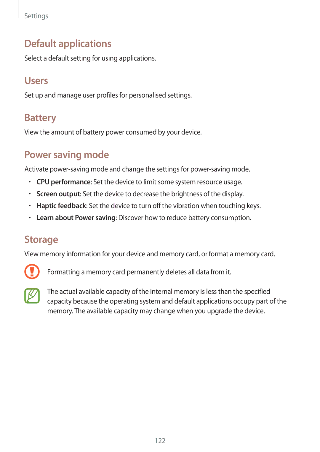 Samsung SM-P6000ZWENEE, SM-P6000ZWAXEO, SM-P6000ZKEDBT Default applications, Users, Battery, Power saving mode, Storage 