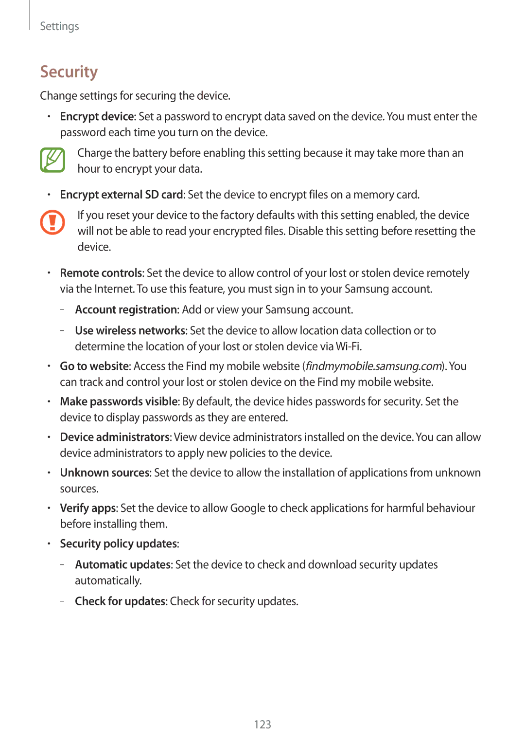 Samsung SM-P6000ZWANEE, SM-P6000ZWAXEO, SM-P6000ZKEDBT, SM-P6000ZKAEUR, SM-P6000ZKAATO manual Security policy updates 