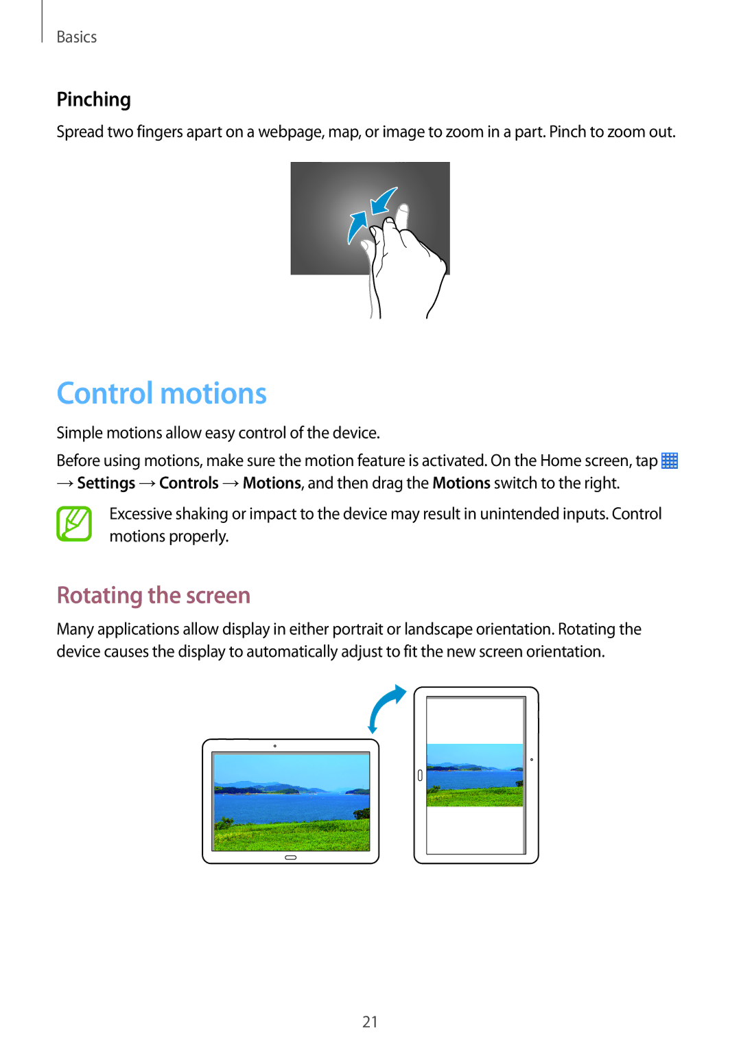 Samsung SM-P6000ZKEXEZ, SM-P6000ZWAXEO, SM-P6000ZKEDBT, SM-P6000ZKAEUR manual Control motions, Rotating the screen, Pinching 