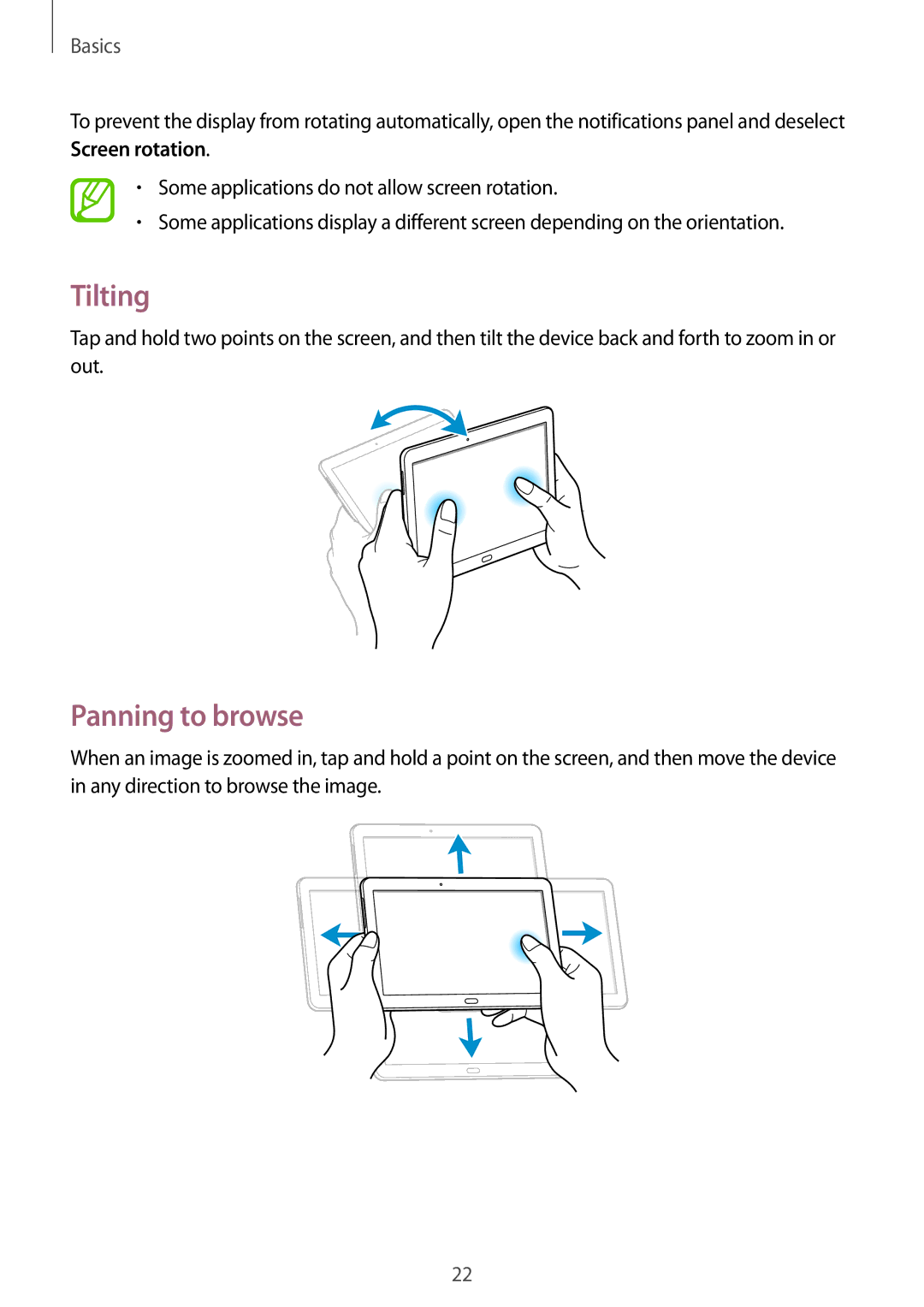 Samsung SM-P6000ZKAXEZ, SM-P6000ZWAXEO, SM-P6000ZKEDBT, SM-P6000ZKAEUR, SM-P6000ZKAATO manual Tilting, Panning to browse 