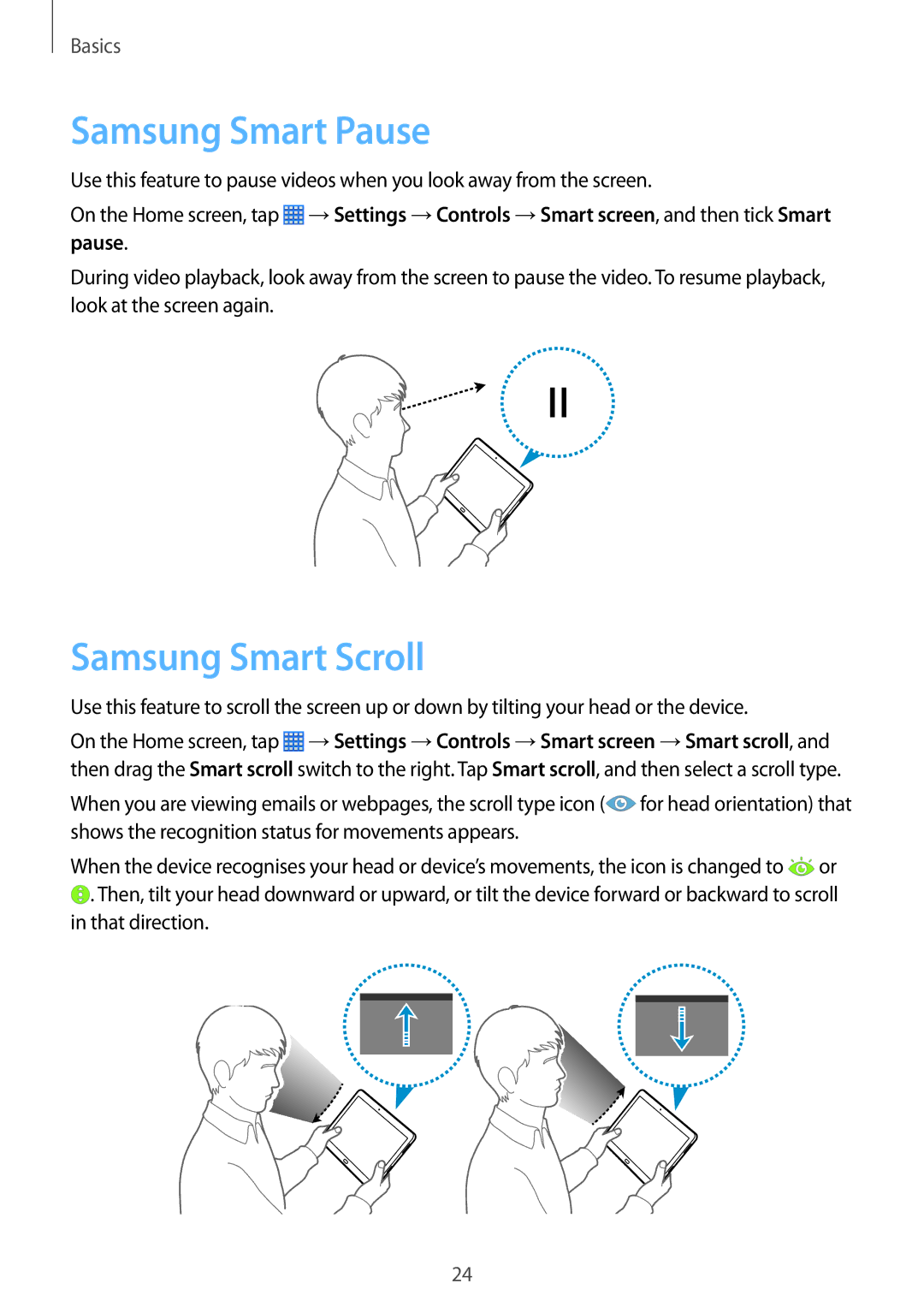 Samsung SM-P6000ZWABGL, SM-P6000ZWAXEO, SM-P6000ZKEDBT, SM-P6000ZKAEUR manual Samsung Smart Pause, Samsung Smart Scroll 