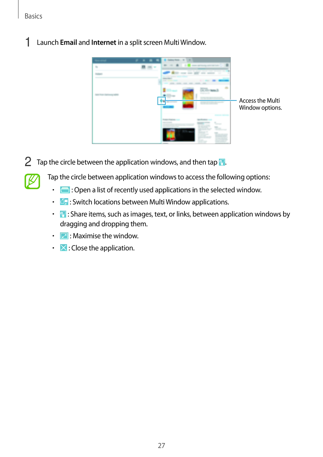 Samsung SM-P6000ZWEXEZ, SM-P6000ZWAXEO, SM-P6000ZKEDBT manual Launch Email and Internet in a split screen Multi Window 