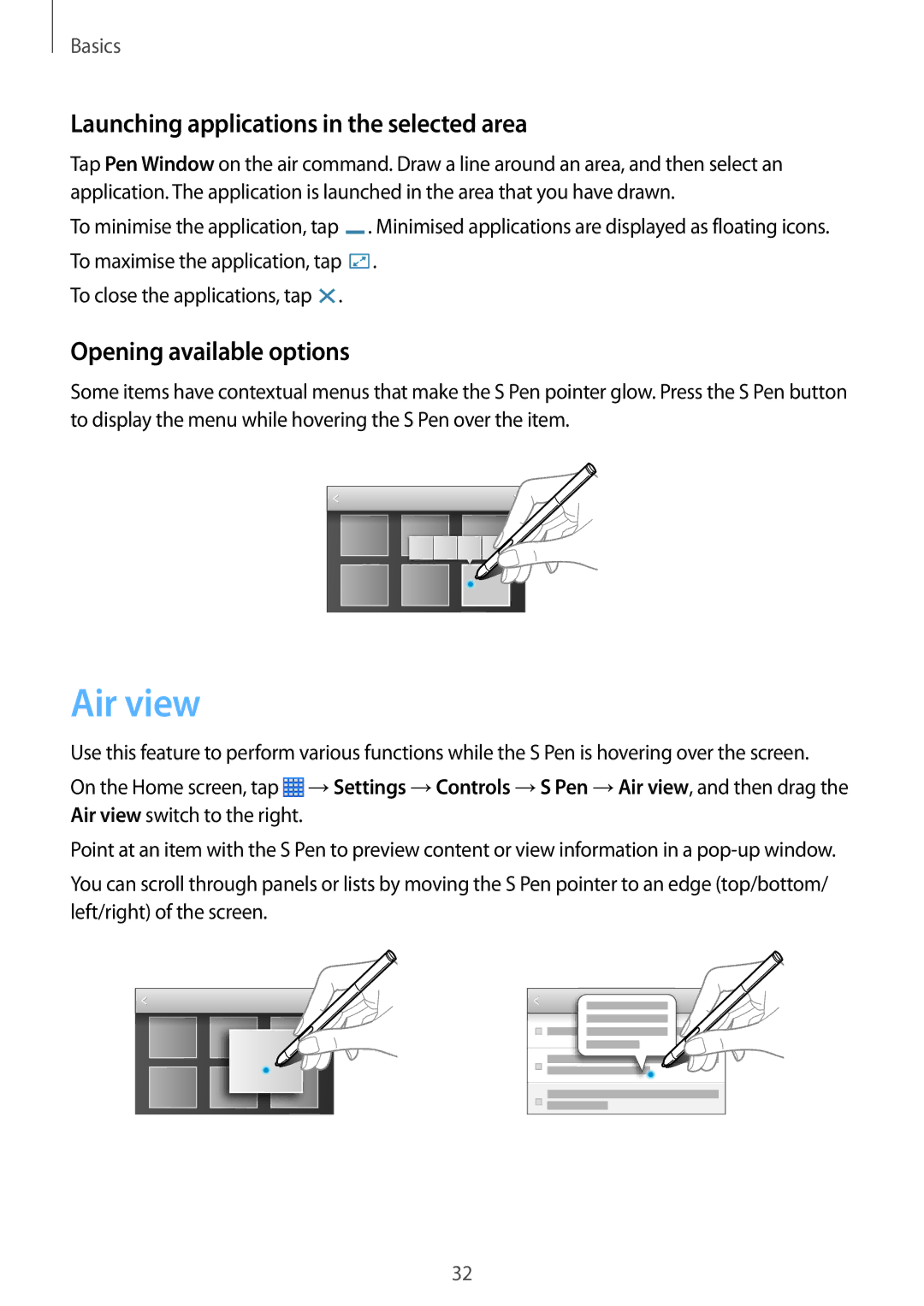 Samsung SM-P6000ZWEXSK, SM-P6000ZWAXEO Air view, Launching applications in the selected area, Opening available options 