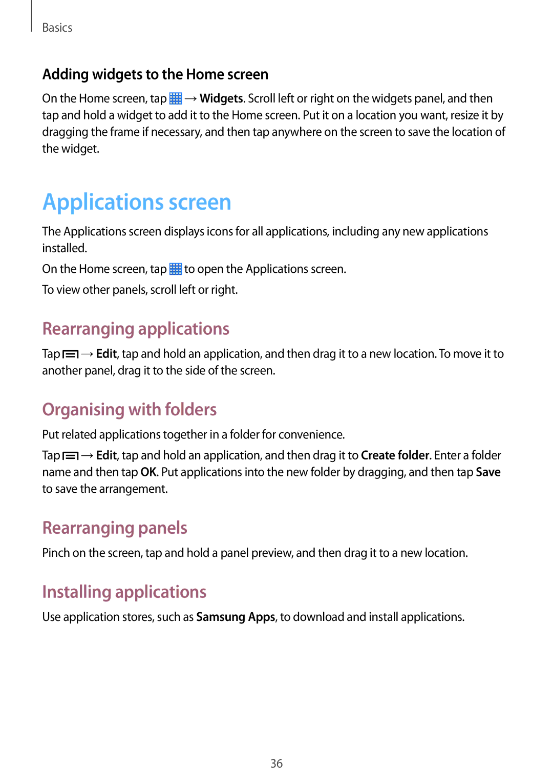 Samsung SM-P6000ZWENEE Applications screen, Rearranging applications, Organising with folders, Installing applications 