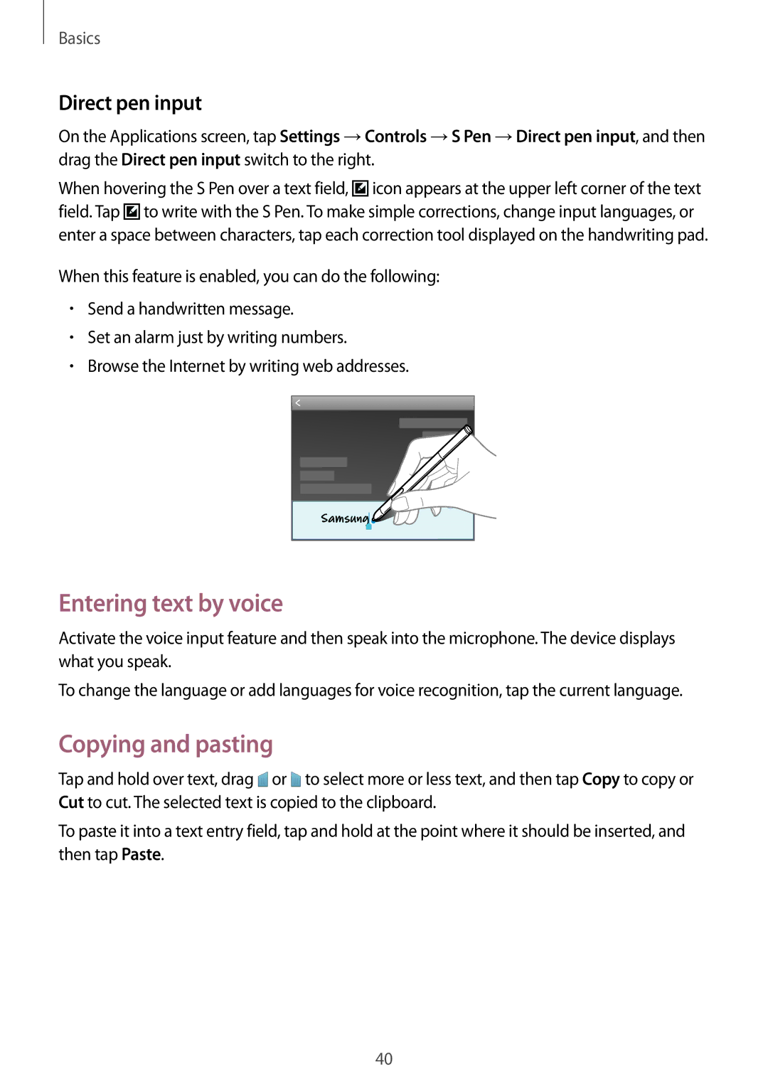 Samsung SM-P6000ZWASEB, SM-P6000ZWAXEO, SM-P6000ZKEDBT manual Entering text by voice, Copying and pasting, Direct pen input 