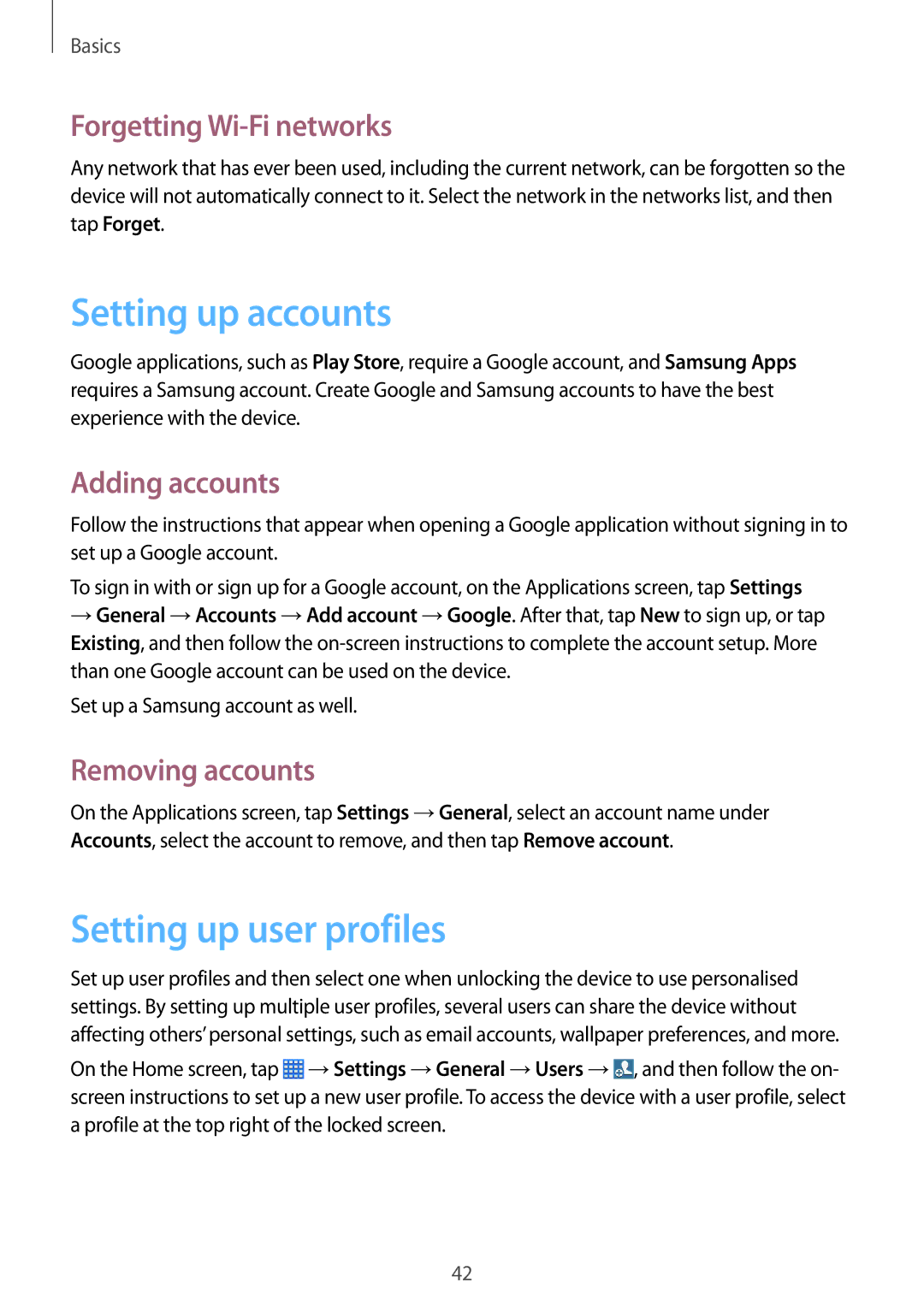 Samsung SM-P6000ZKEXEH manual Setting up accounts, Setting up user profiles, Forgetting Wi-Fi networks, Adding accounts 